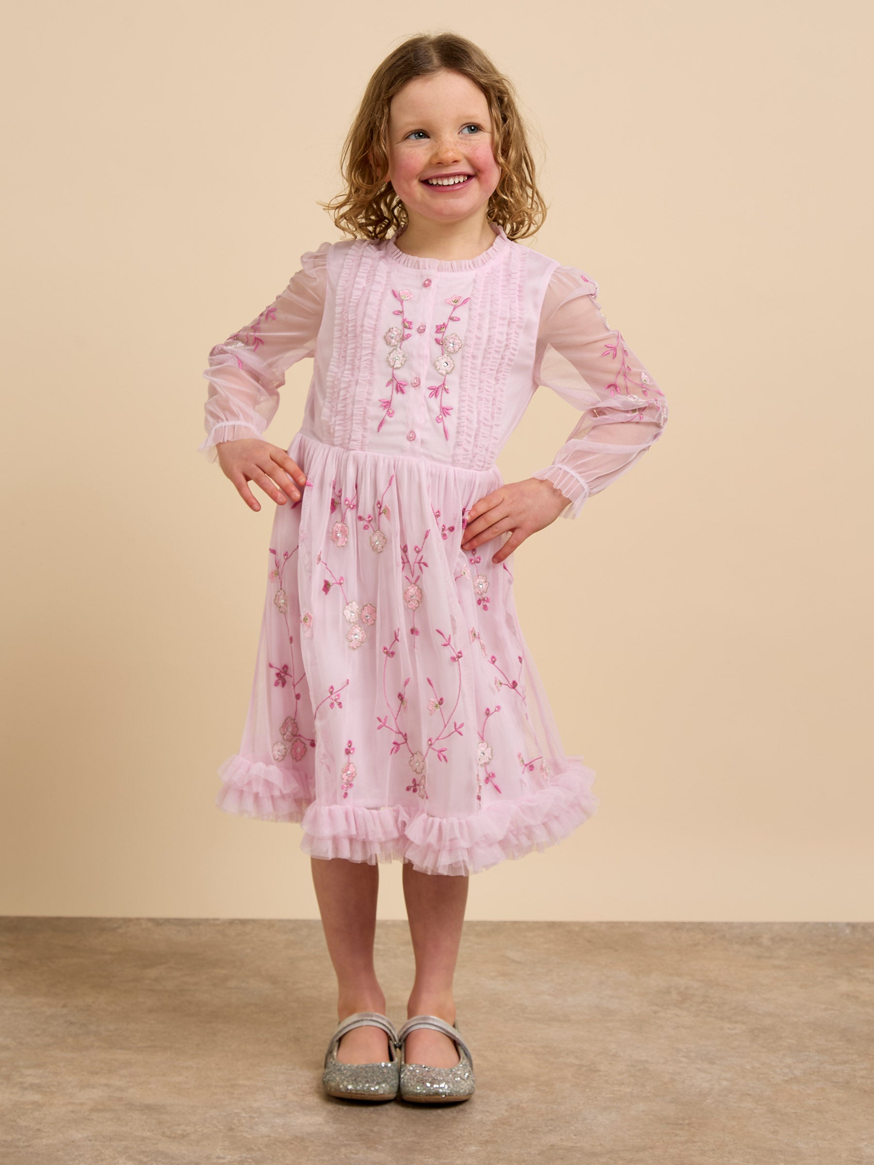 GWD Cardi Pink Embroidered Mesh Dress