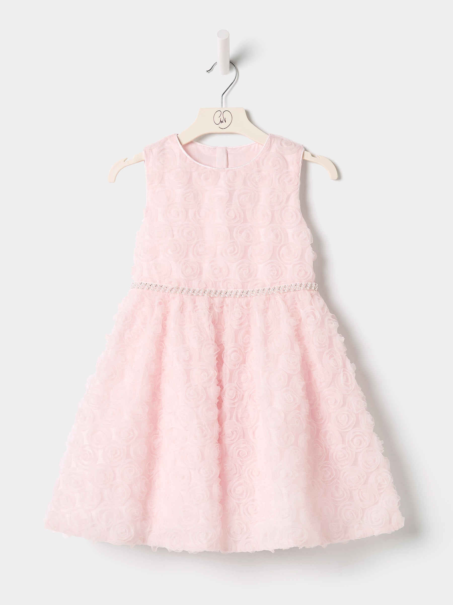 GWD Rebecca Flower Dress – Pale Pink 3D Floral Party Dress with Pearl Waistband