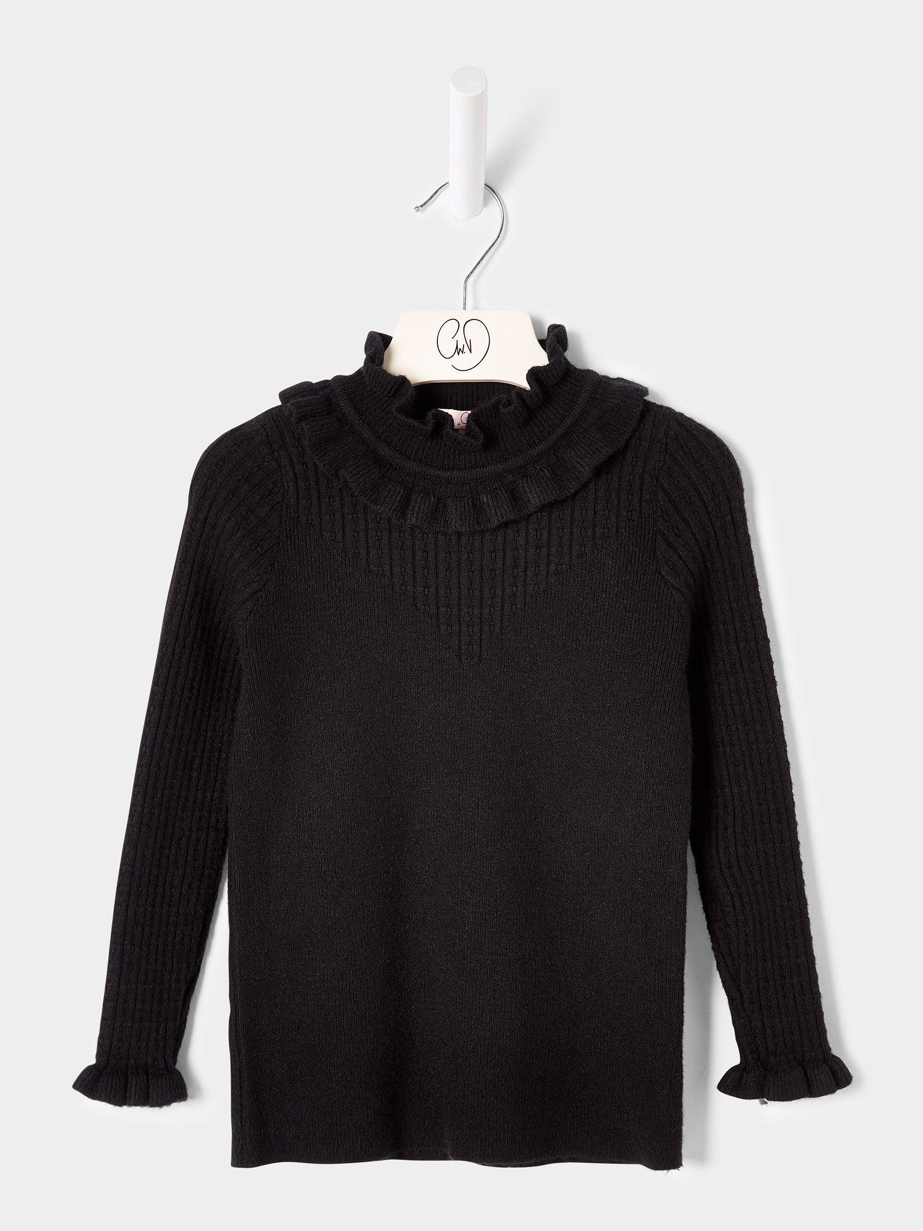Girls Faye Knitted Top Ruffle Neck Rib Jumper Available in Black and Cream