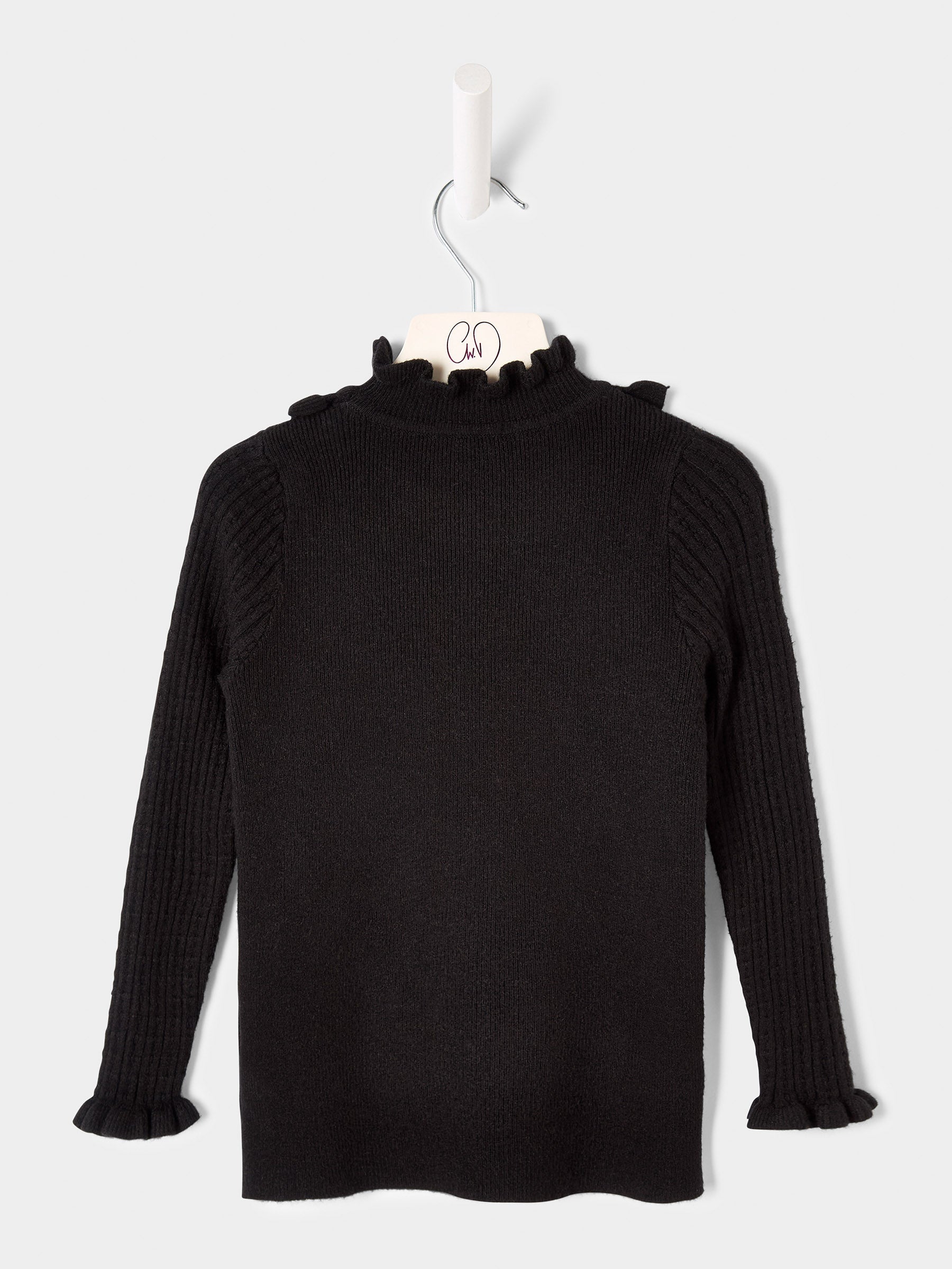Girls Faye Knitted Top Ruffle Neck Rib Jumper Available in Black and Cream