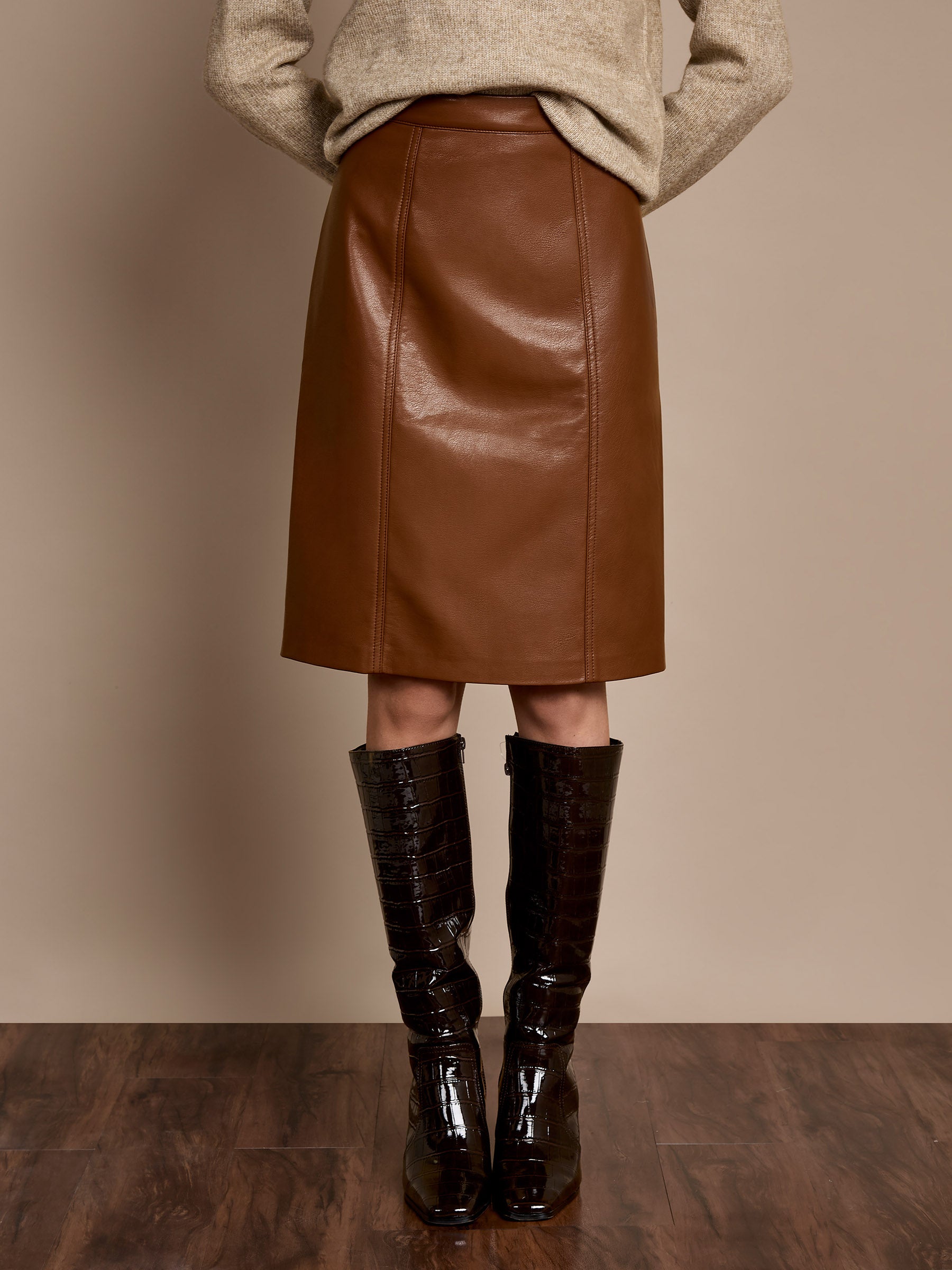 Carolyn Chestnut Faux Leather Midi Skirt