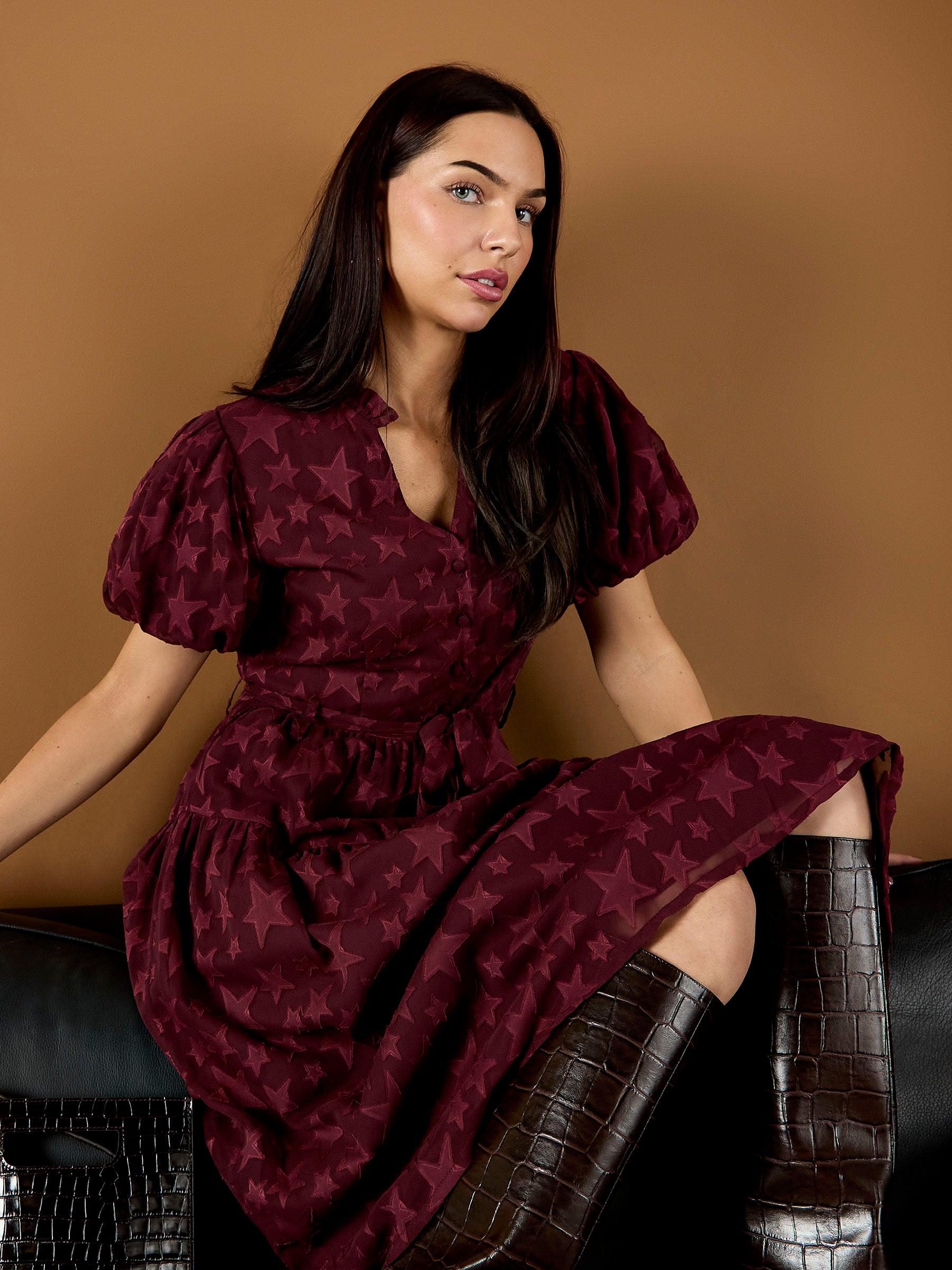 GWD Gerri Jacquard Burgundy Midi Dress