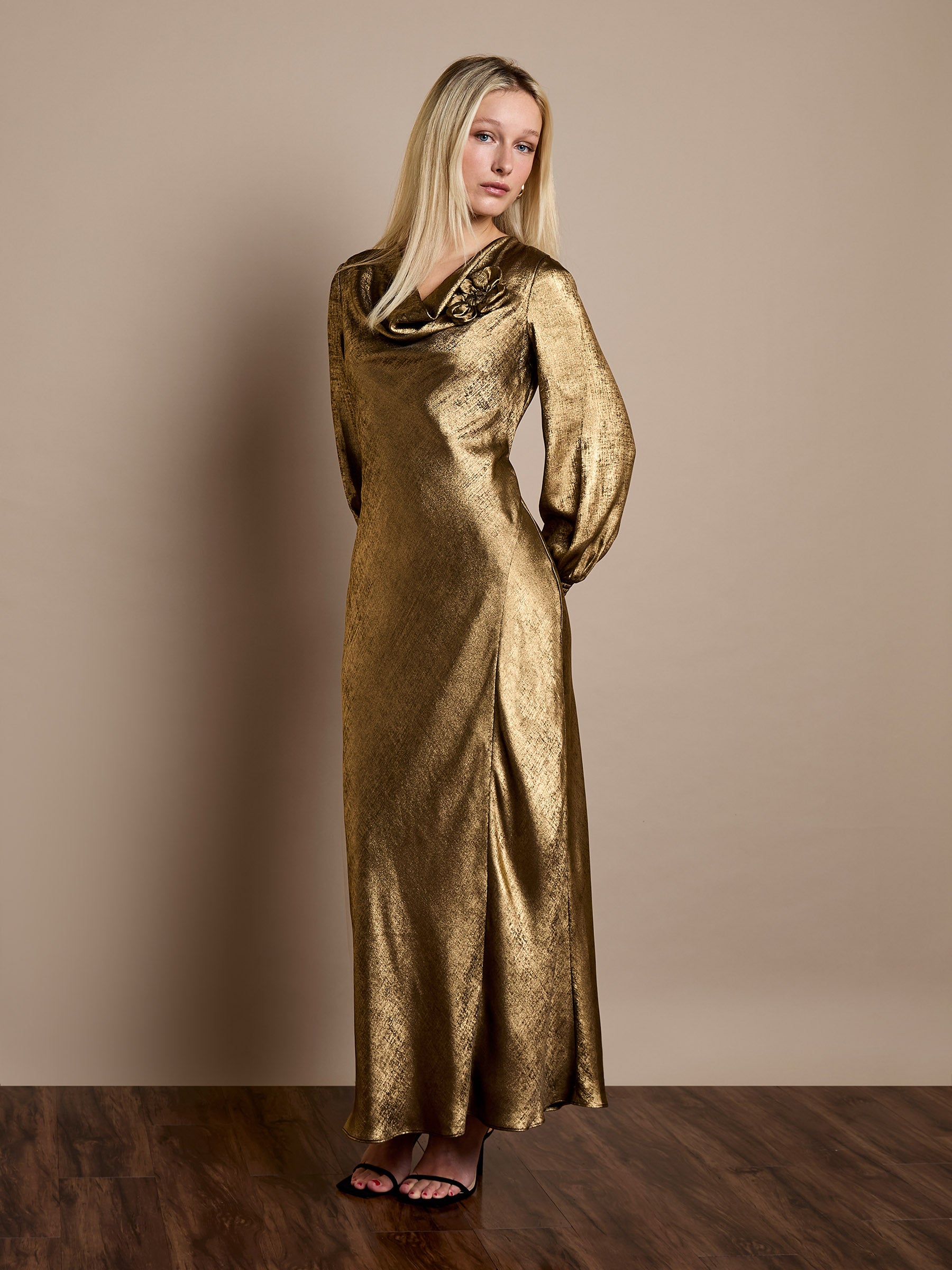Juliet Gold Metallic Cowl Neck Maxi Dress GWD Juliet Gold Metallic Cowl Neck Maxi Dress GWD