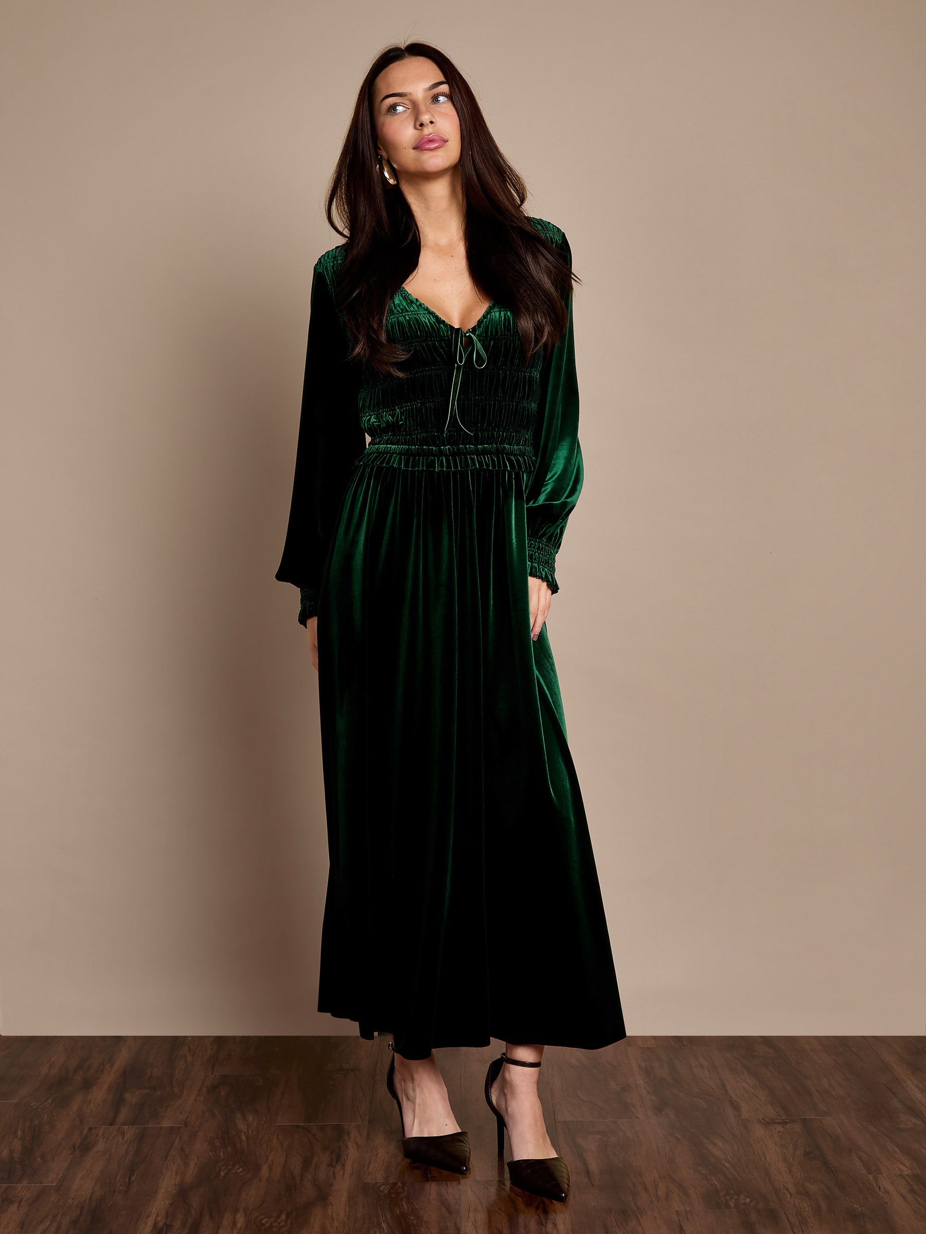 slim fit dress slacks Stretch Velvet Lydia Maxi Dress in Emerald Green – GWD