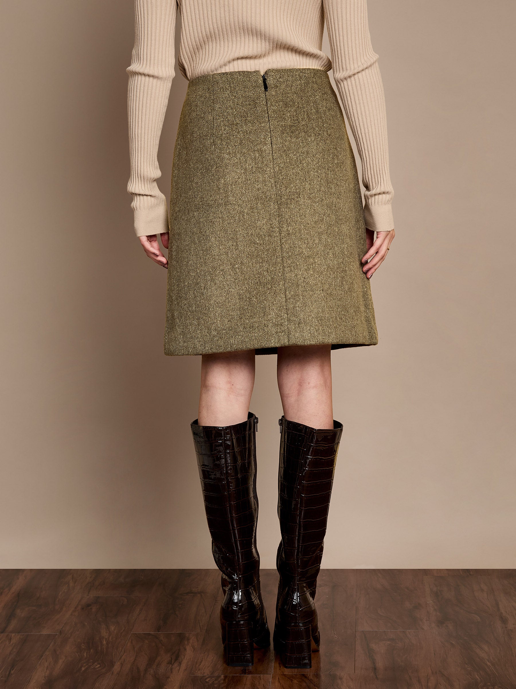 Meredith Wool Blend Skirt – Olive Herringbone