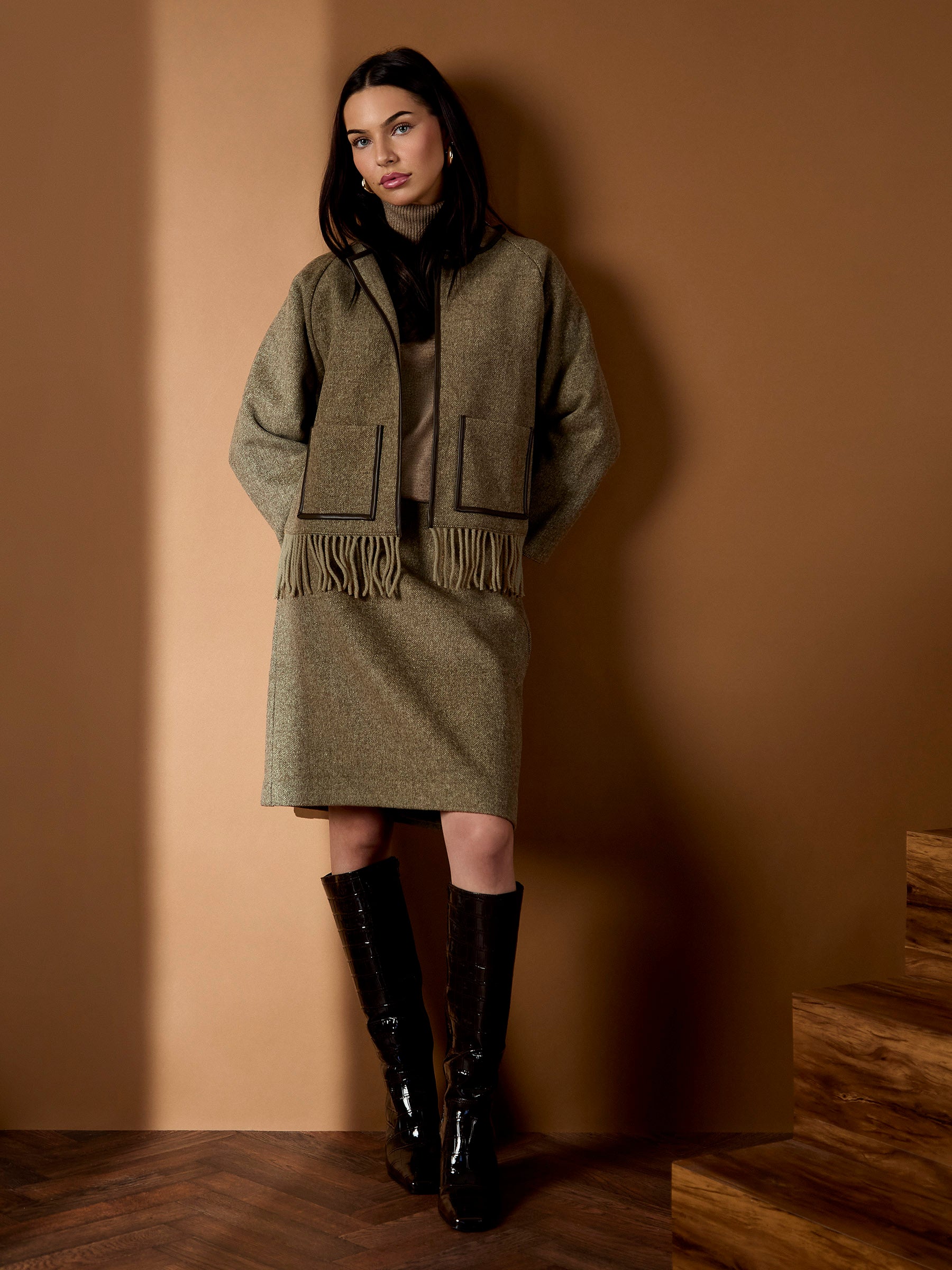 Meredith Wool Blend Skirt – Olive Herringbone