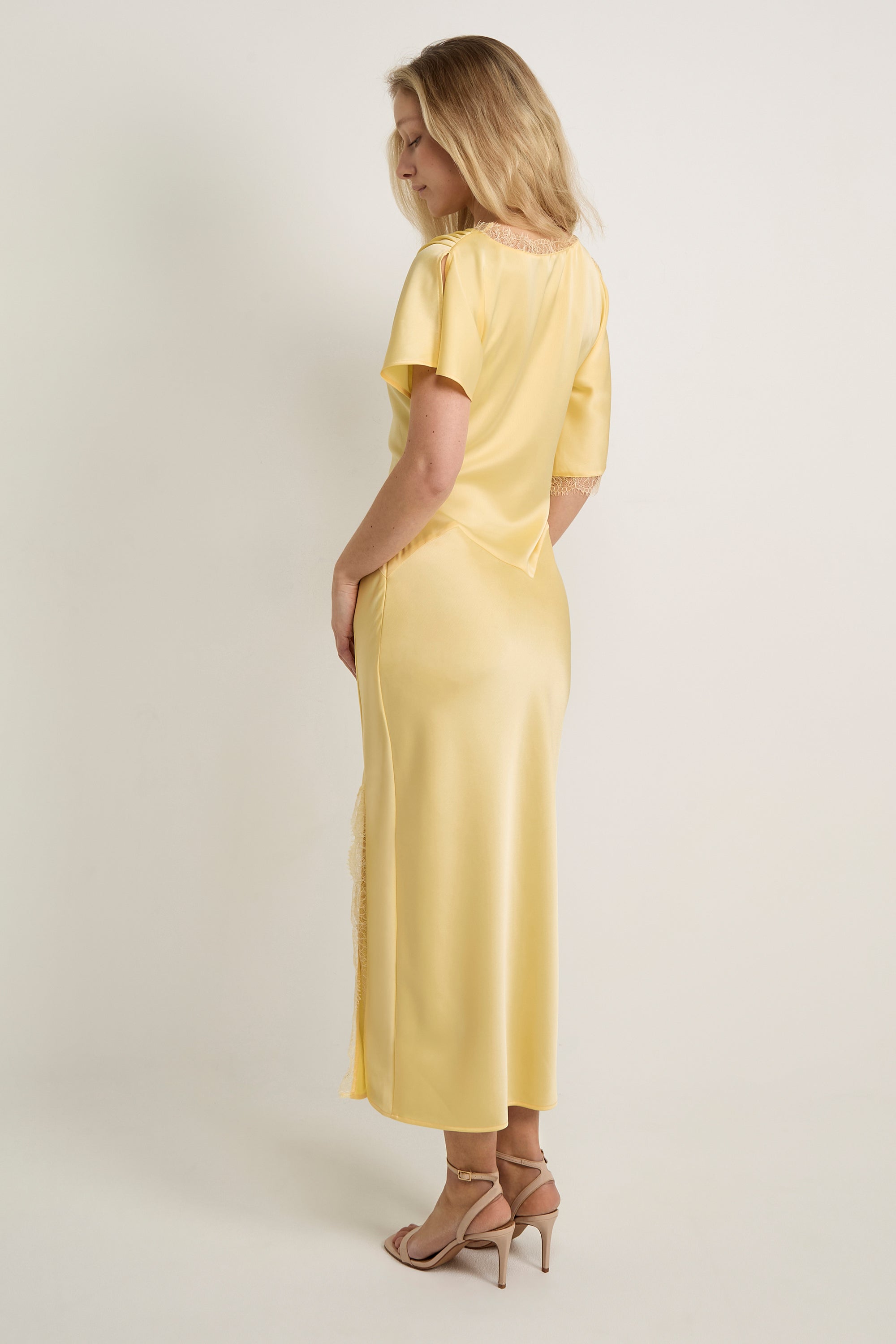 GWD Rowana Yellow Satin Lace Detail Maxi Dress