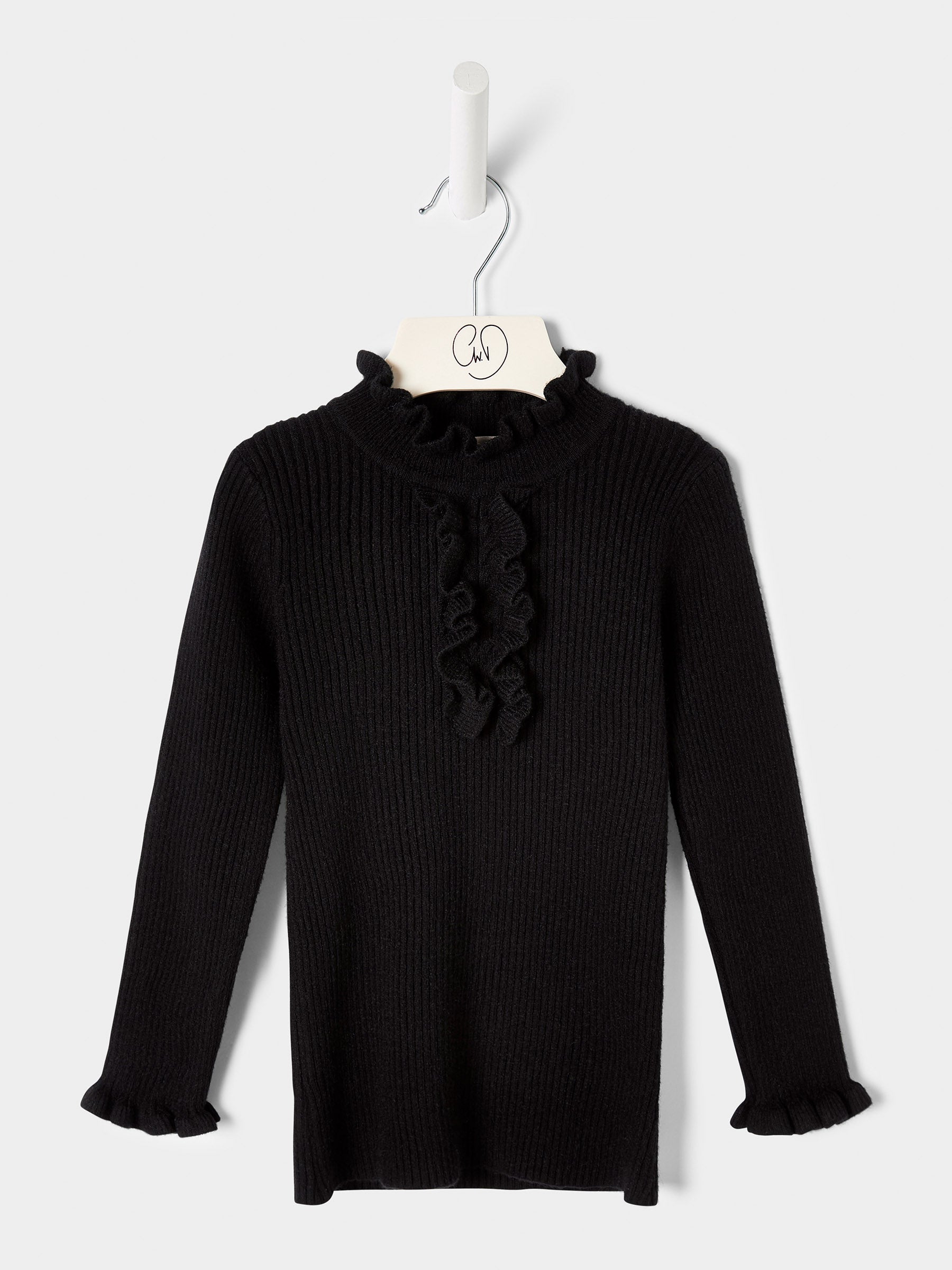 Girls Greta Knitted Top Ruffle Front Rib Jumper Available in Black and Cream