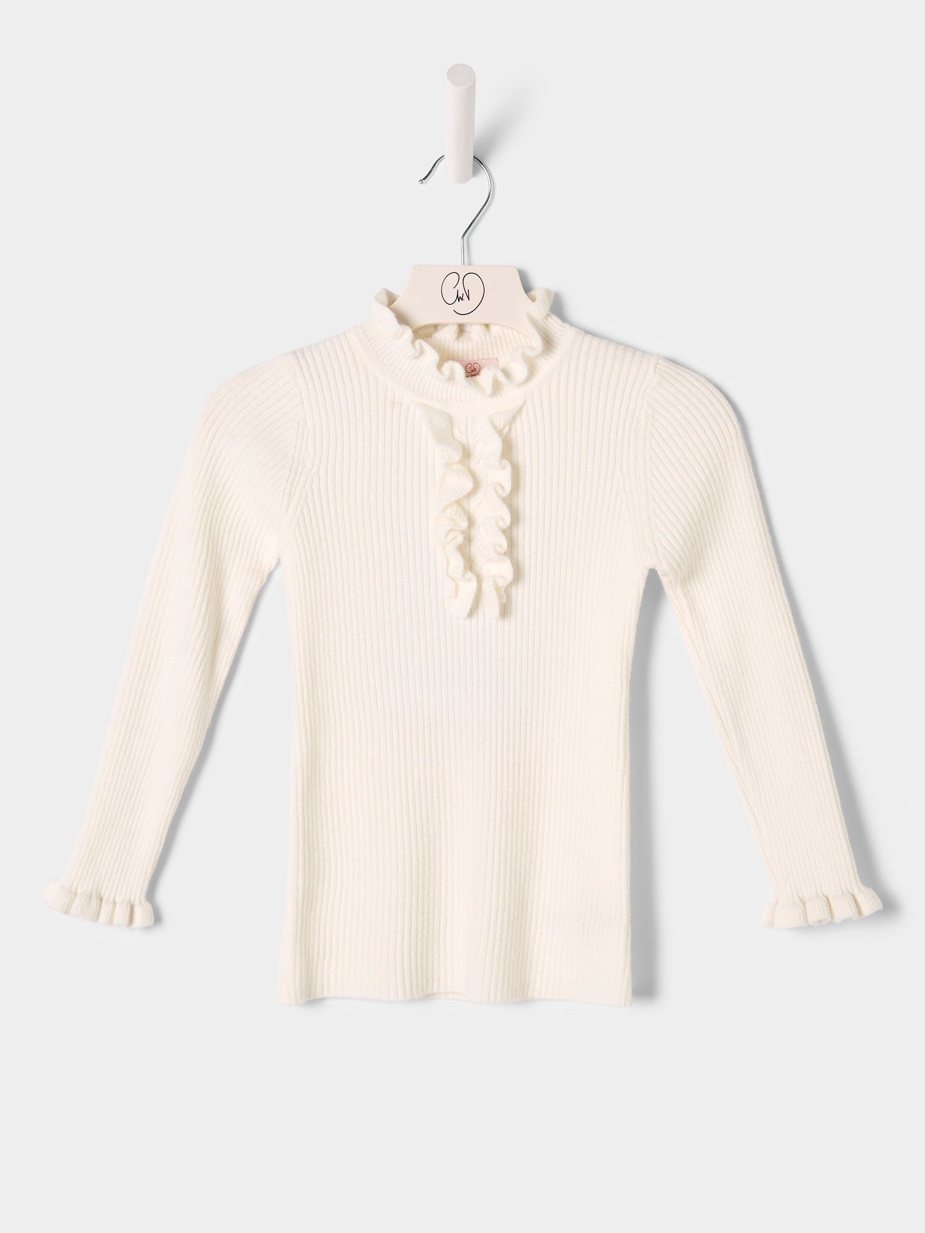 Girls Greta Knitted Top Ruffle Front Rib Jumper Available in Black and Cream