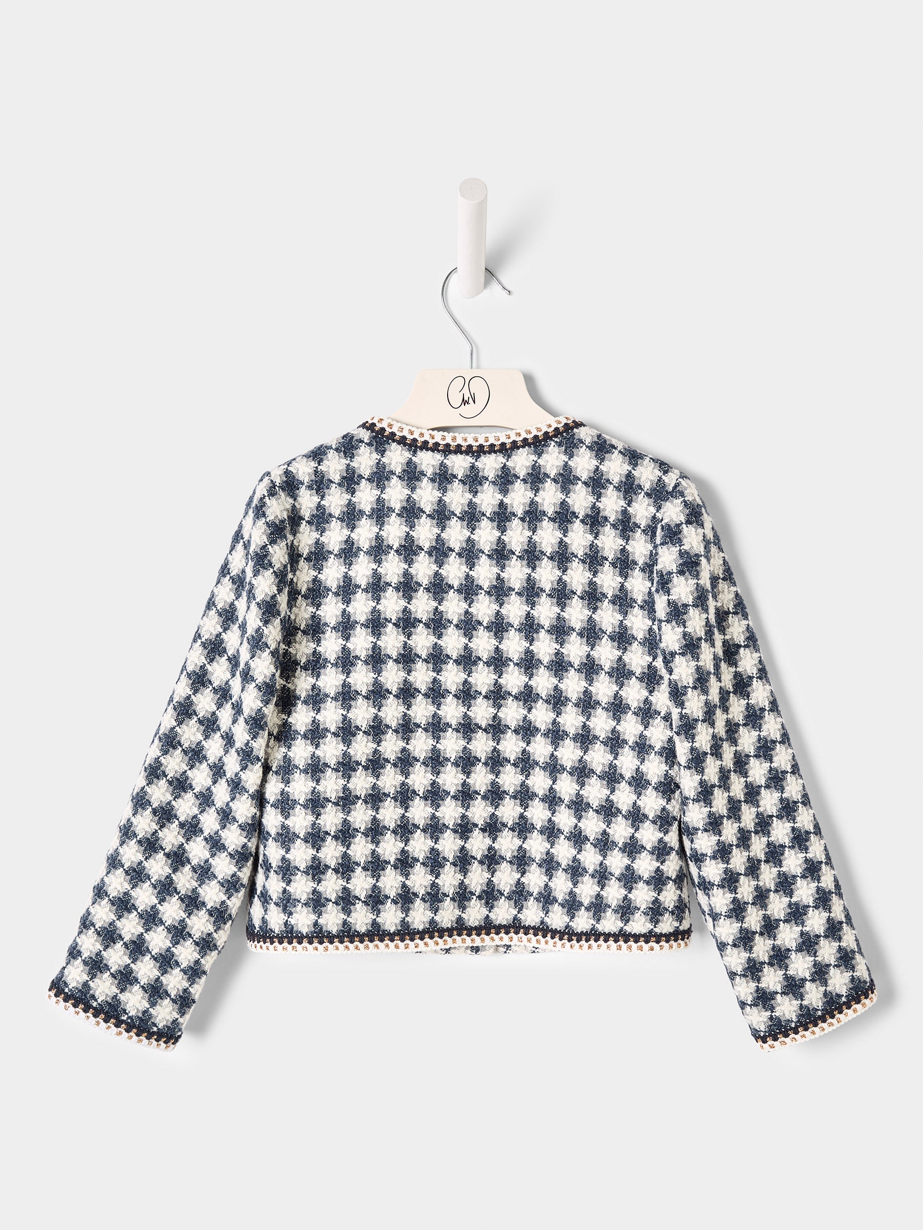 Ines Blue and White Dogstooth Boucle Jacket