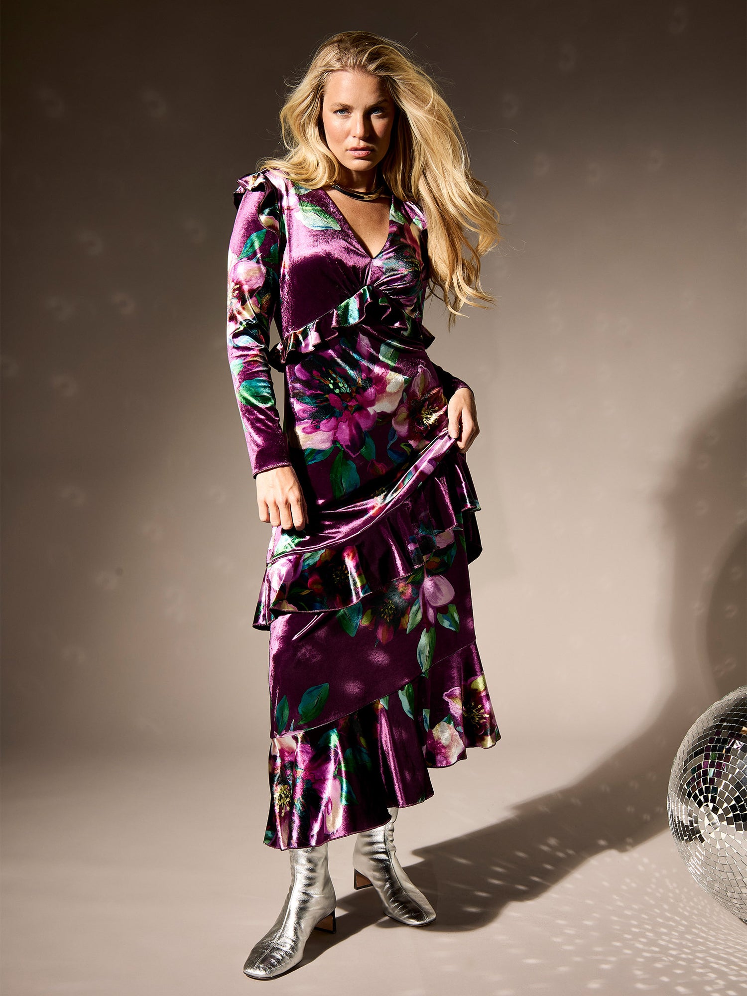 GWD Odette Purple Floral Velvet Maxi Dress