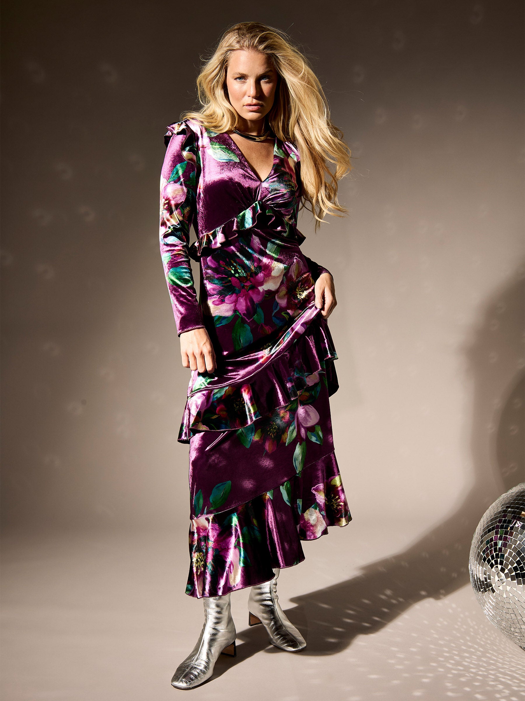 GWD Odette Purple Floral Velvet Maxi Dress
