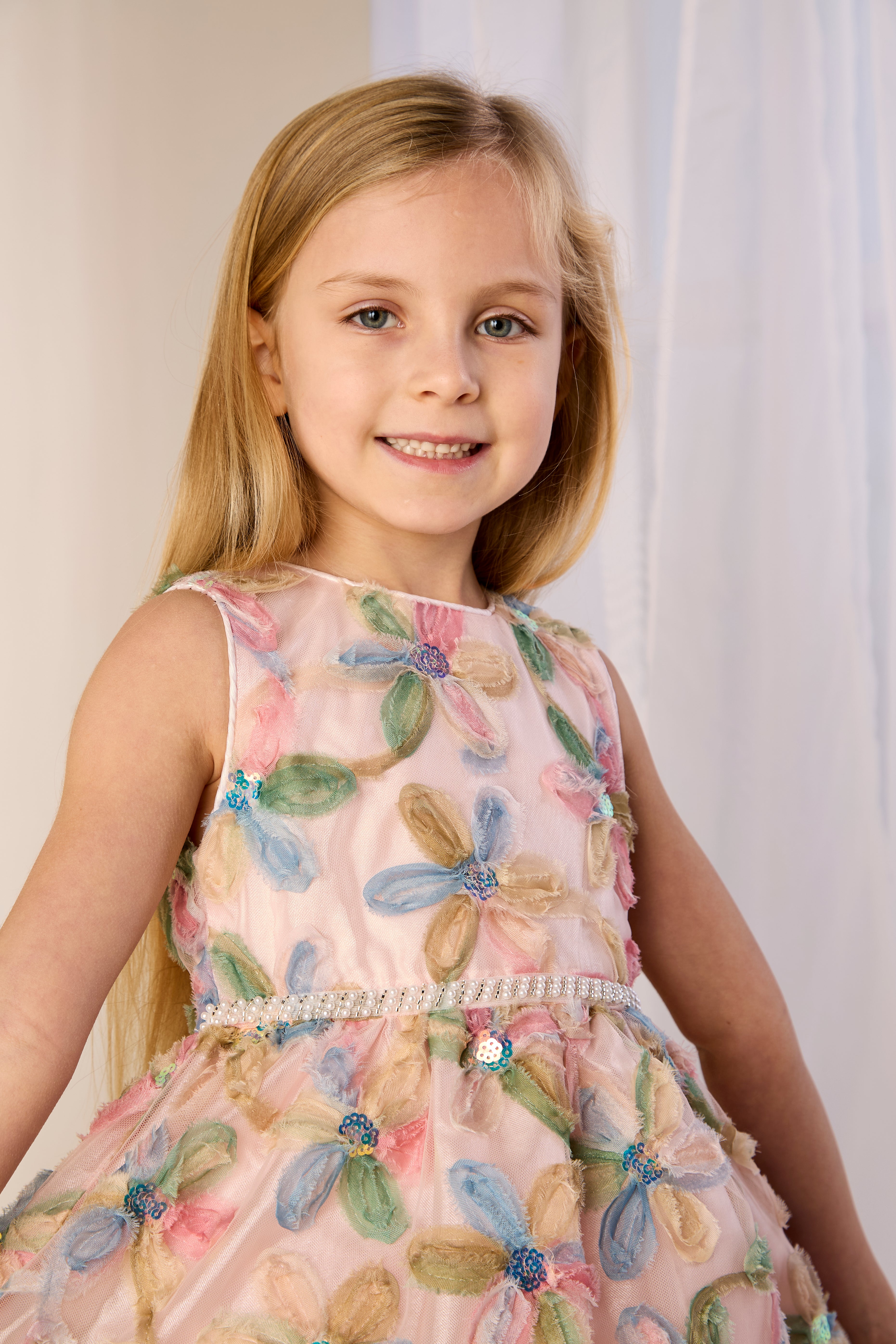 GWD Petal Dress – Multi Floral Organza Party Dress with Pearl Waistband