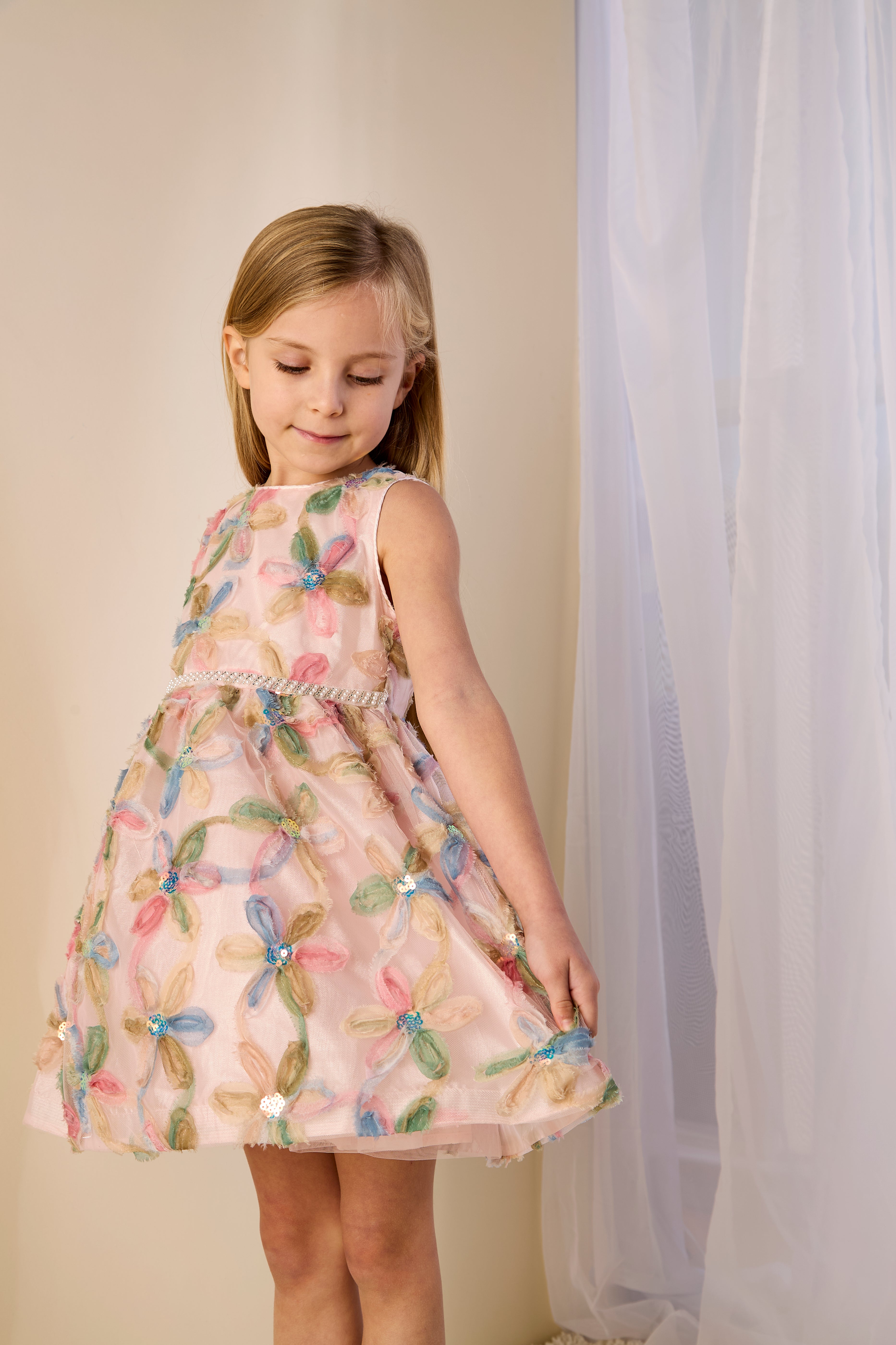 GWD Petal Dress – Multi Floral Organza Party Dress with Pearl Waistband