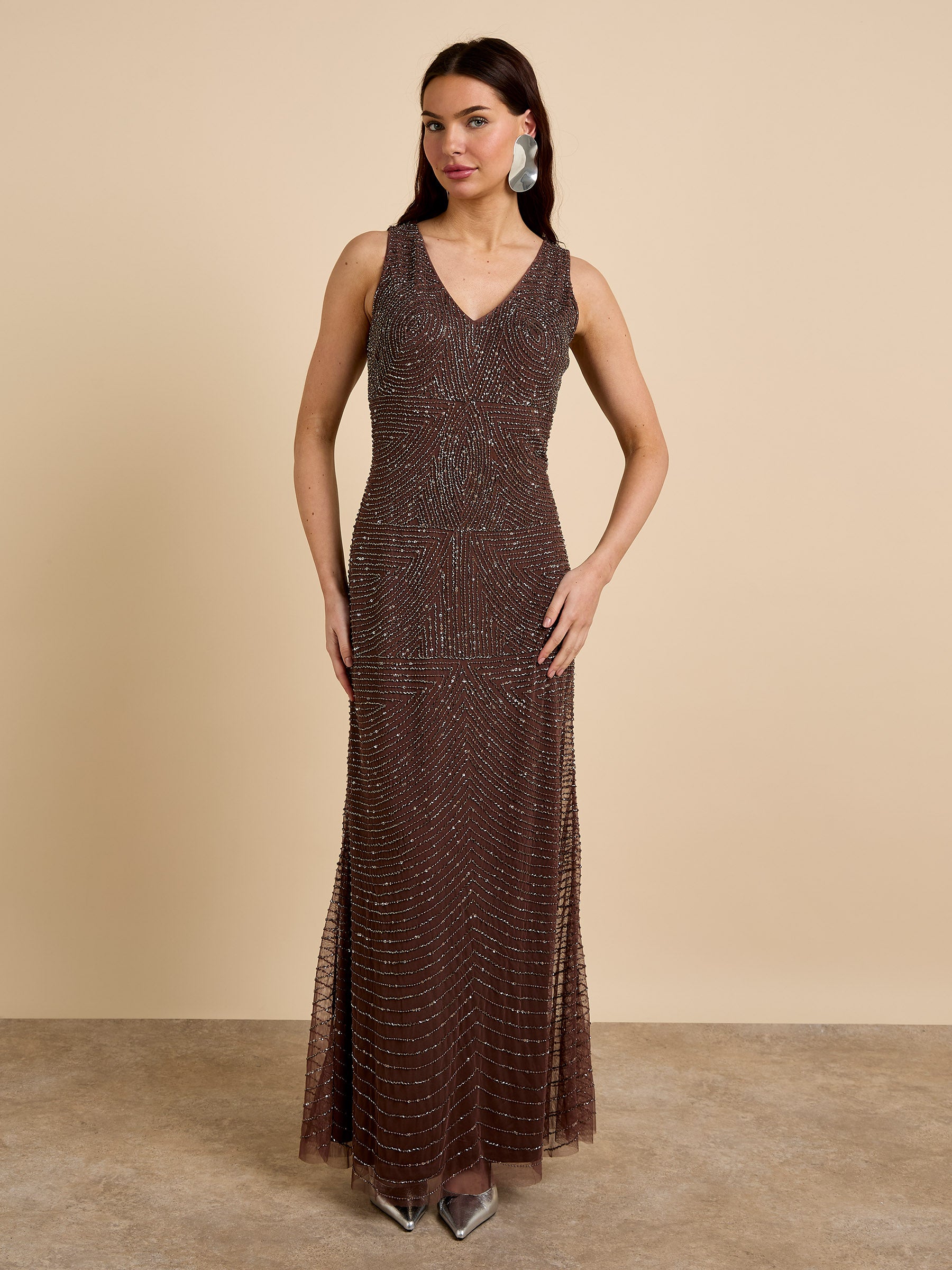 GWD Raine Embellished Sleeveless Brown Maxi Dress