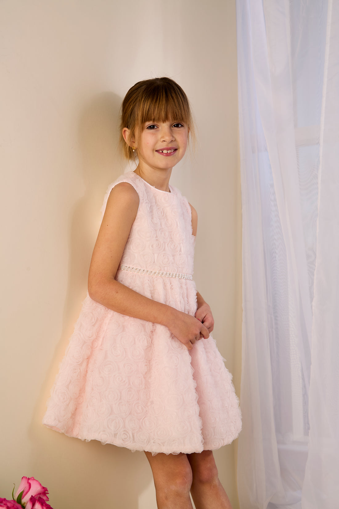 GWD Rebecca Flower Dress – Pale Pink 3D Floral Party Dress with Pearl Waistband