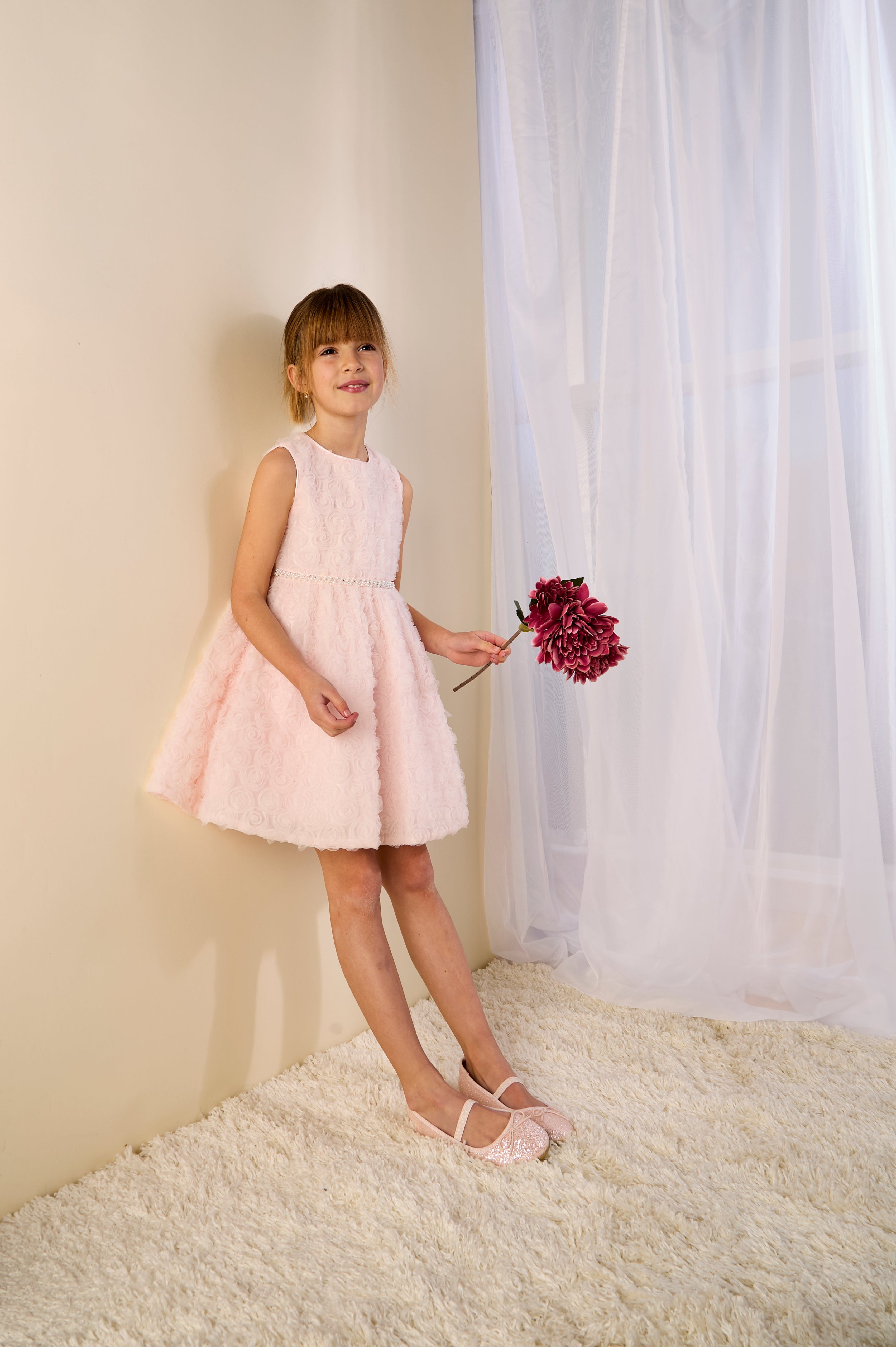 GWD Rebecca Flower Dress – Pale Pink 3D Floral Party Dress with Pearl Waistband