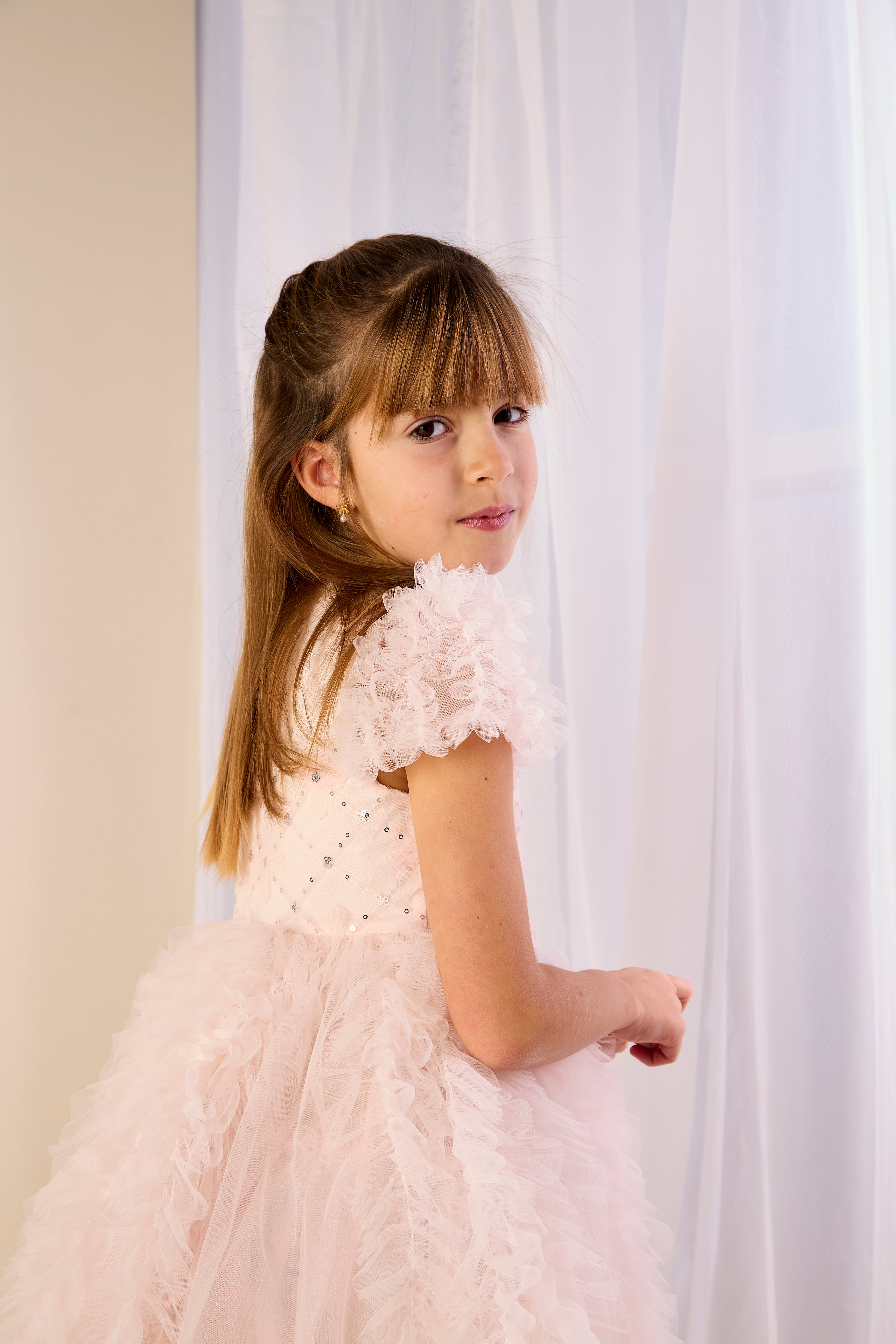 GWD Rosy Ruffles Dress – Pink Sequin & Tulle Princess Party Dress for Girls