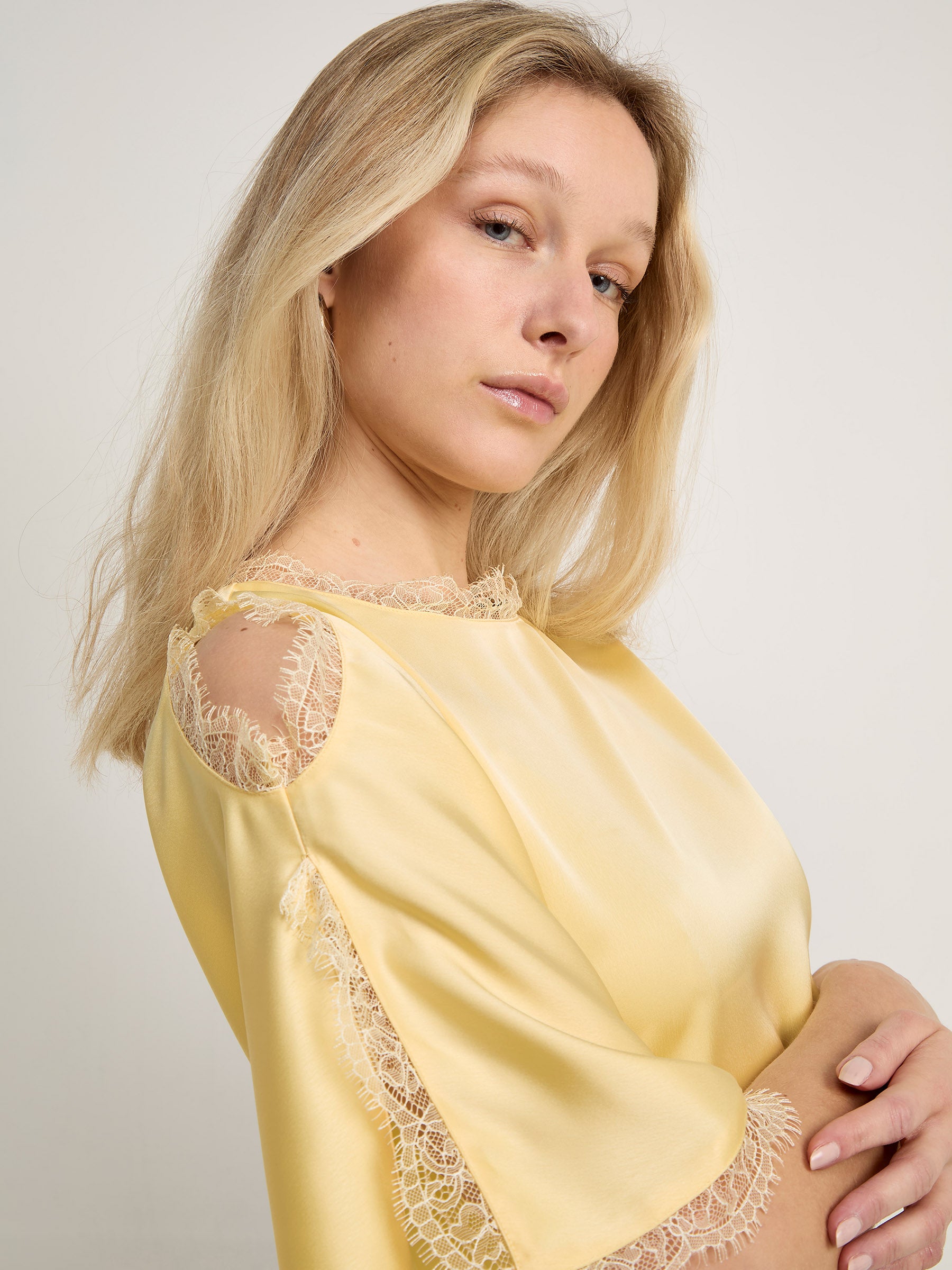 GWD Rowana Yellow Satin Lace Detail Maxi Dress