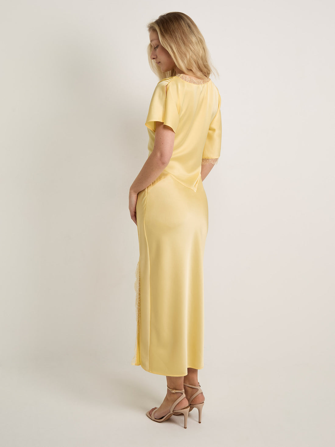 GWD Rowana Yellow Satin Lace Detail Maxi Dress