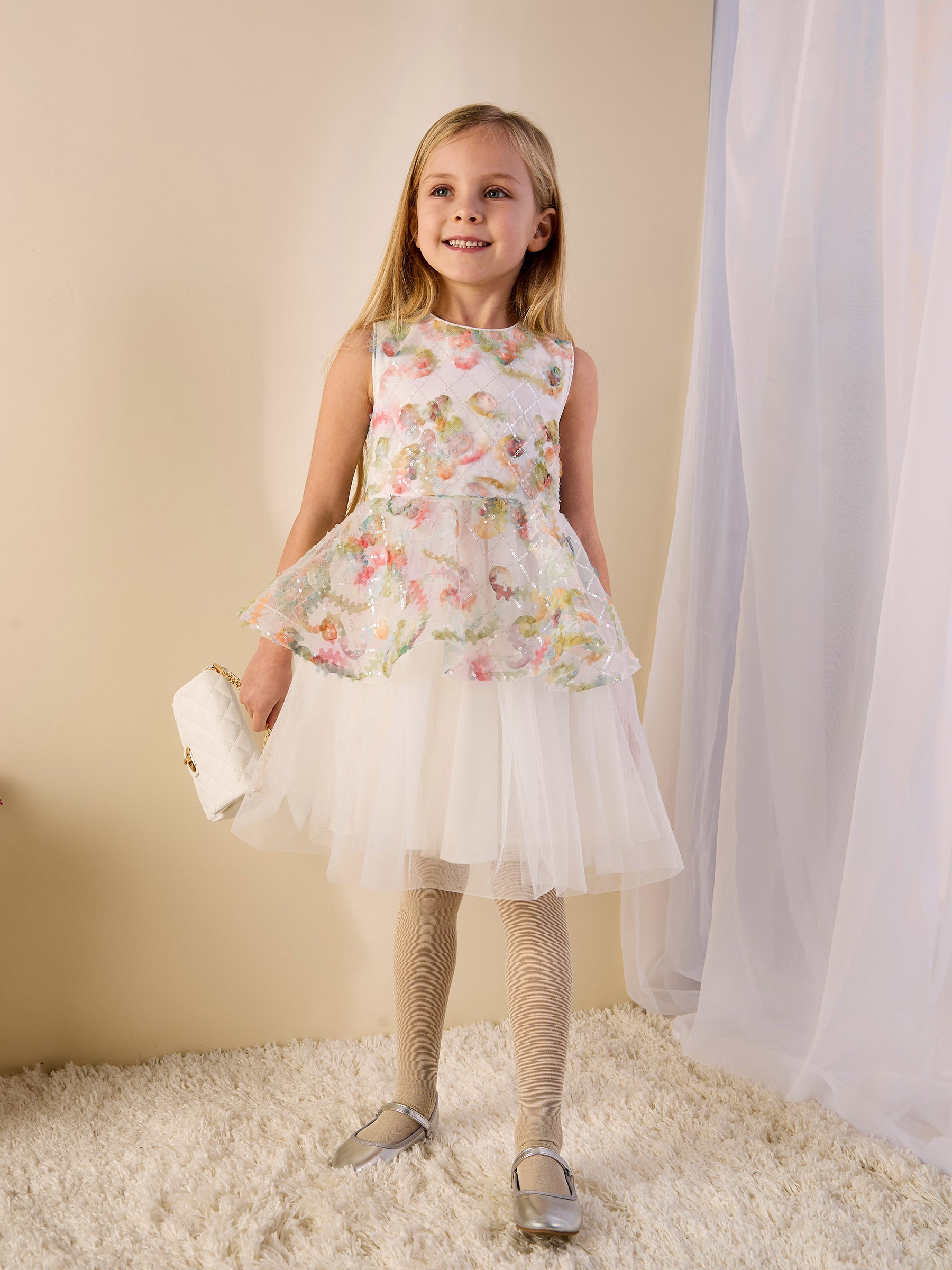 GWD Forest Bloom Dress – White Floral Appliqué Peplum Party Dress