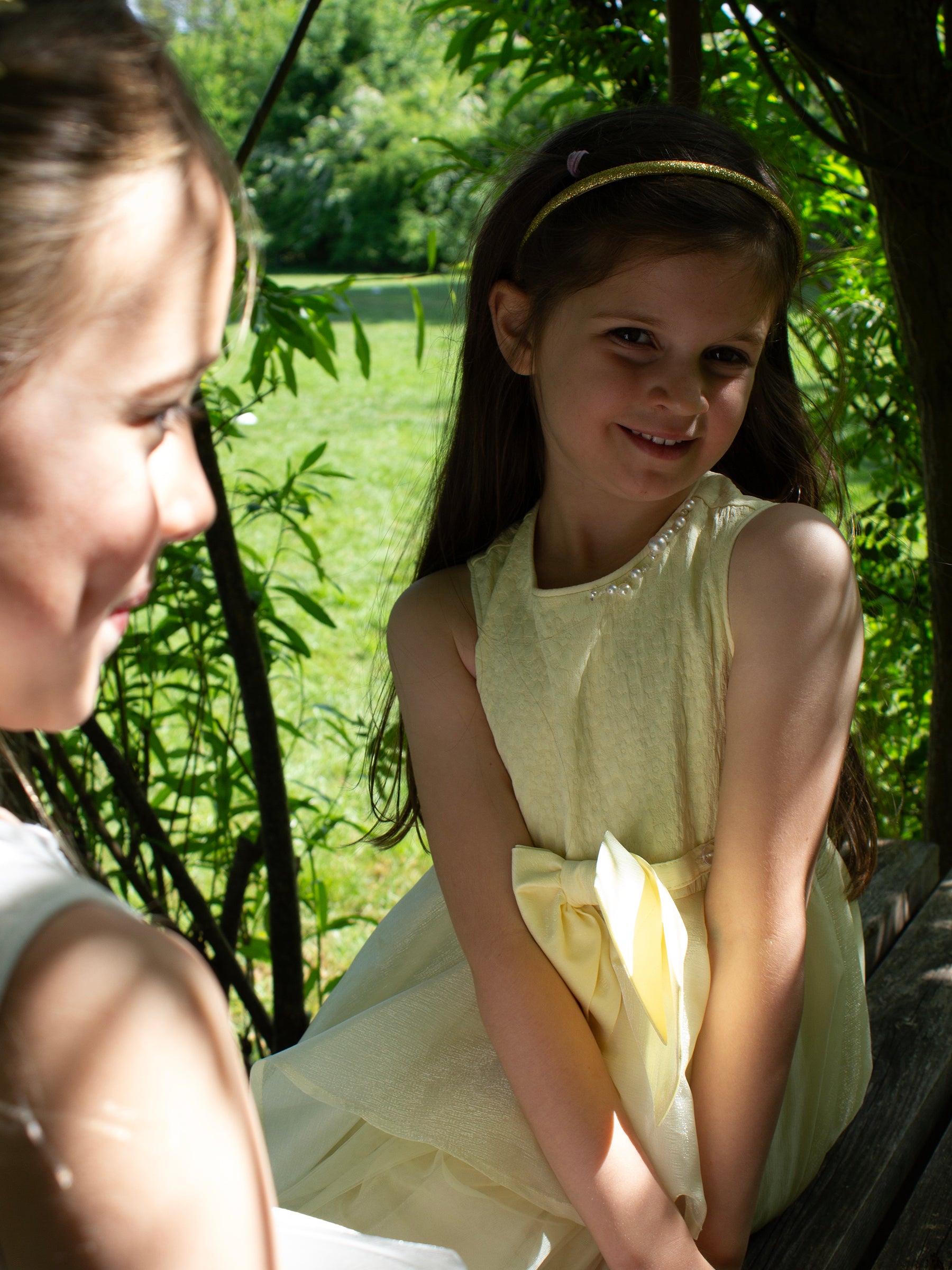 GWD Pearl Drop Bow Lemon Party Dress