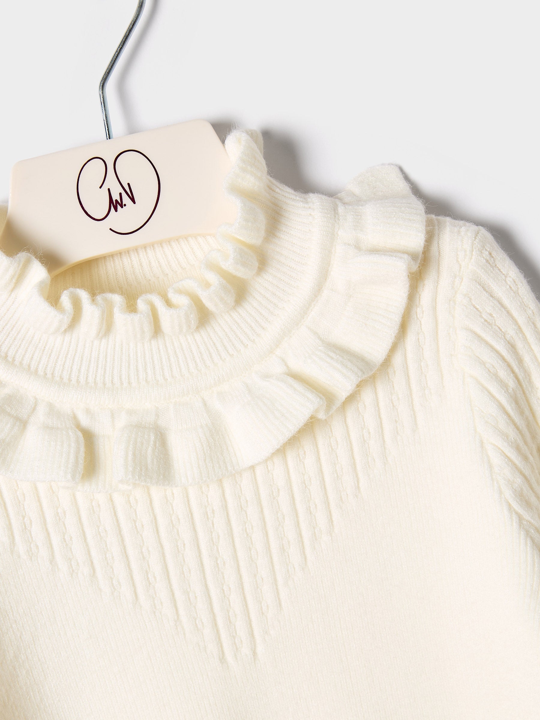 Girls Faye Knitted Top Ruffle Neck Rib Jumper Available in Black and Cream