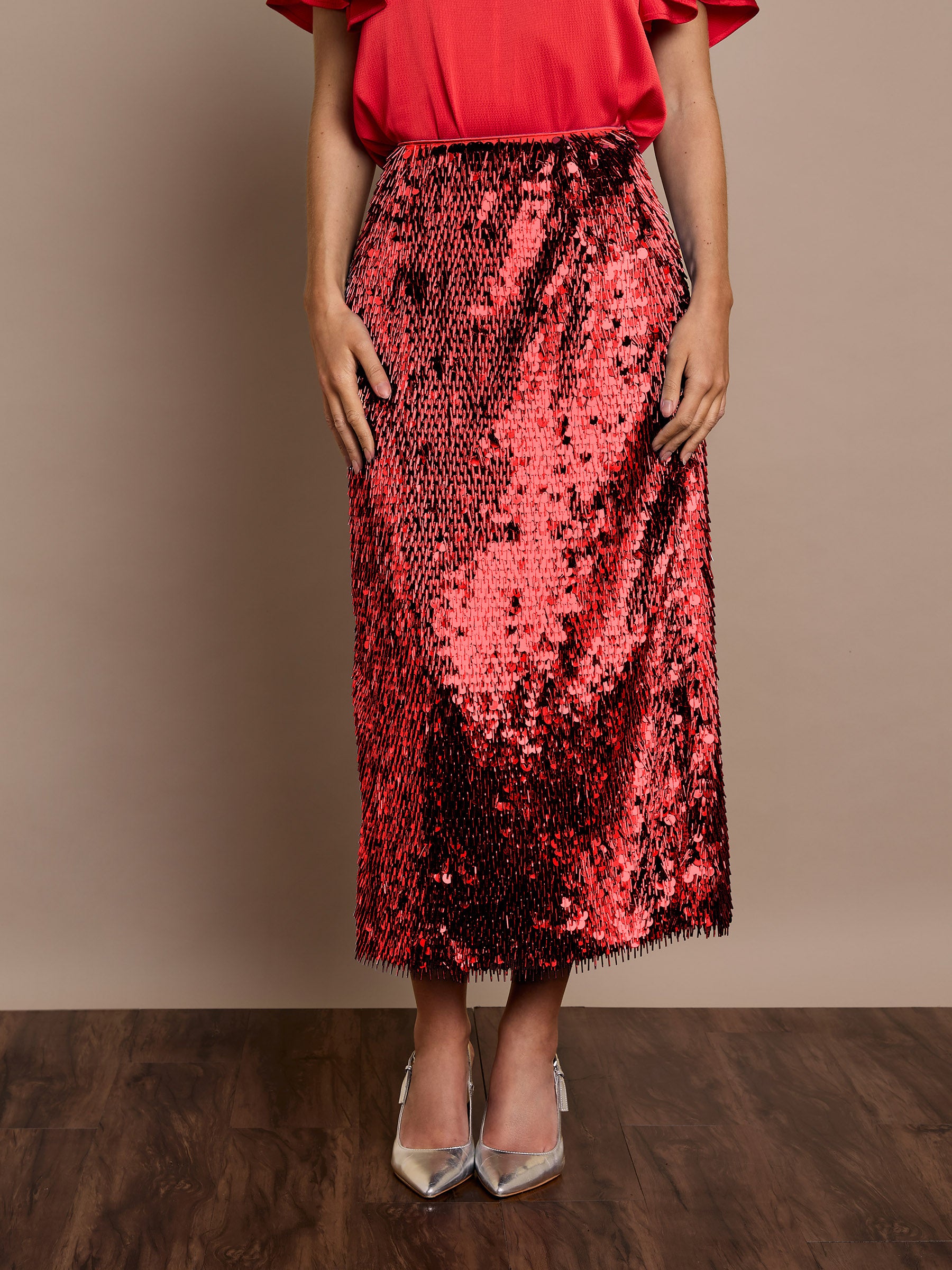 Simone Midi Sequin Skirt Red