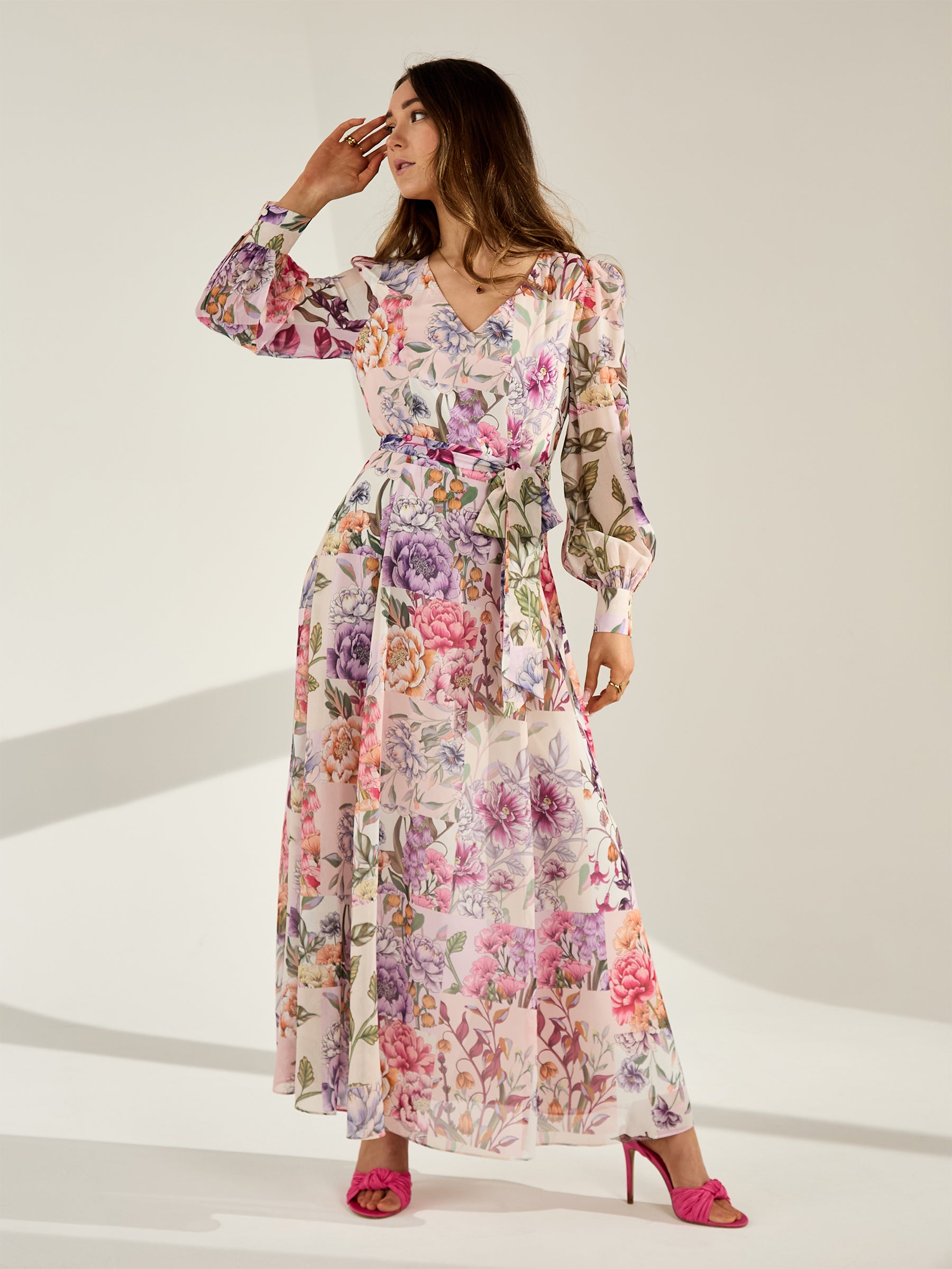 GWD Tony Patchwork Floral Print Belted Maxi Dress