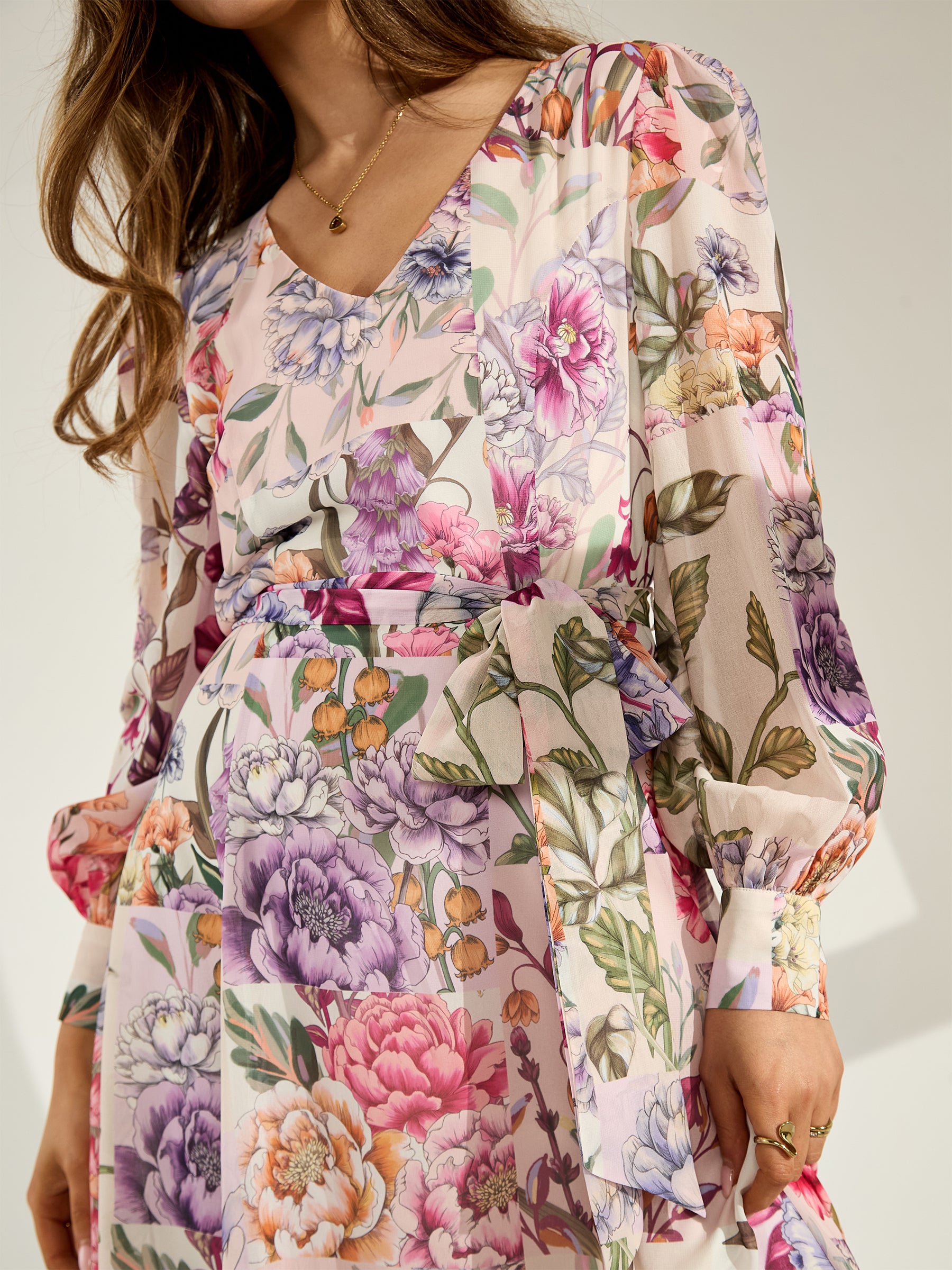 GWD Tony Patchwork Floral Print Belted Maxi Dress