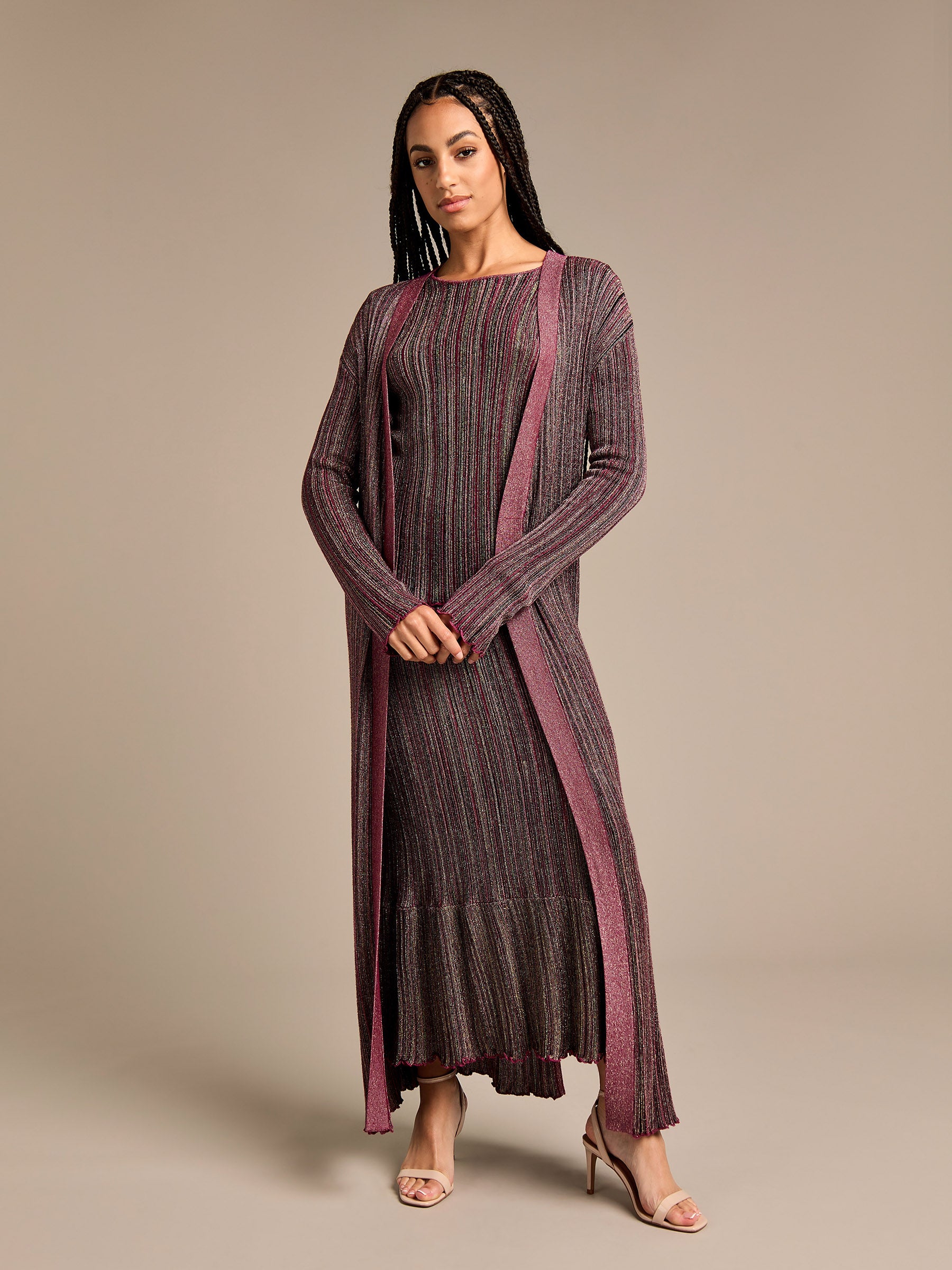 Jessica Stripe Full Length Knitted Cardigan Burgundy