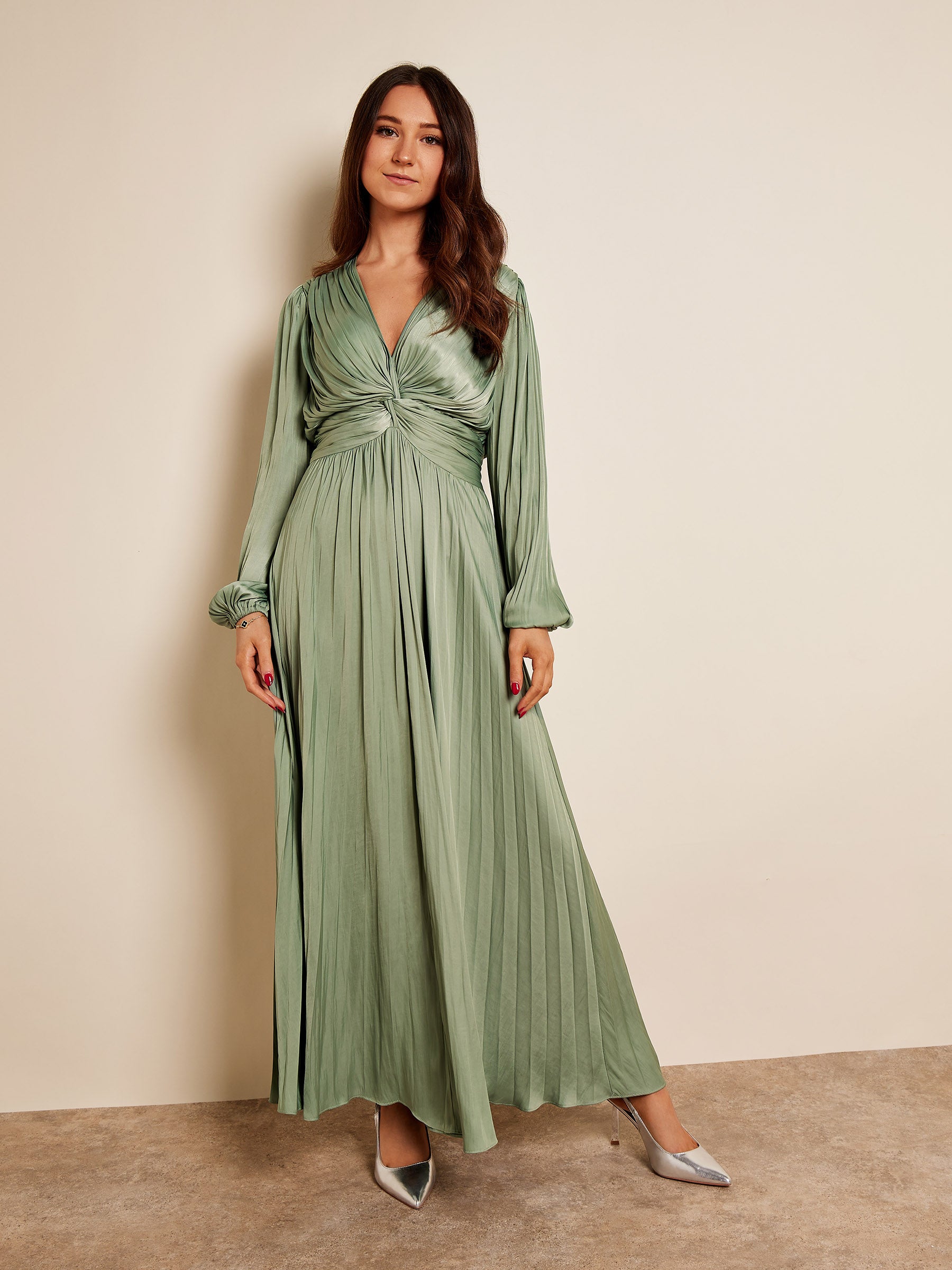 GWD Wilma Pleated Satin V-Neck Sage Maxi Dress