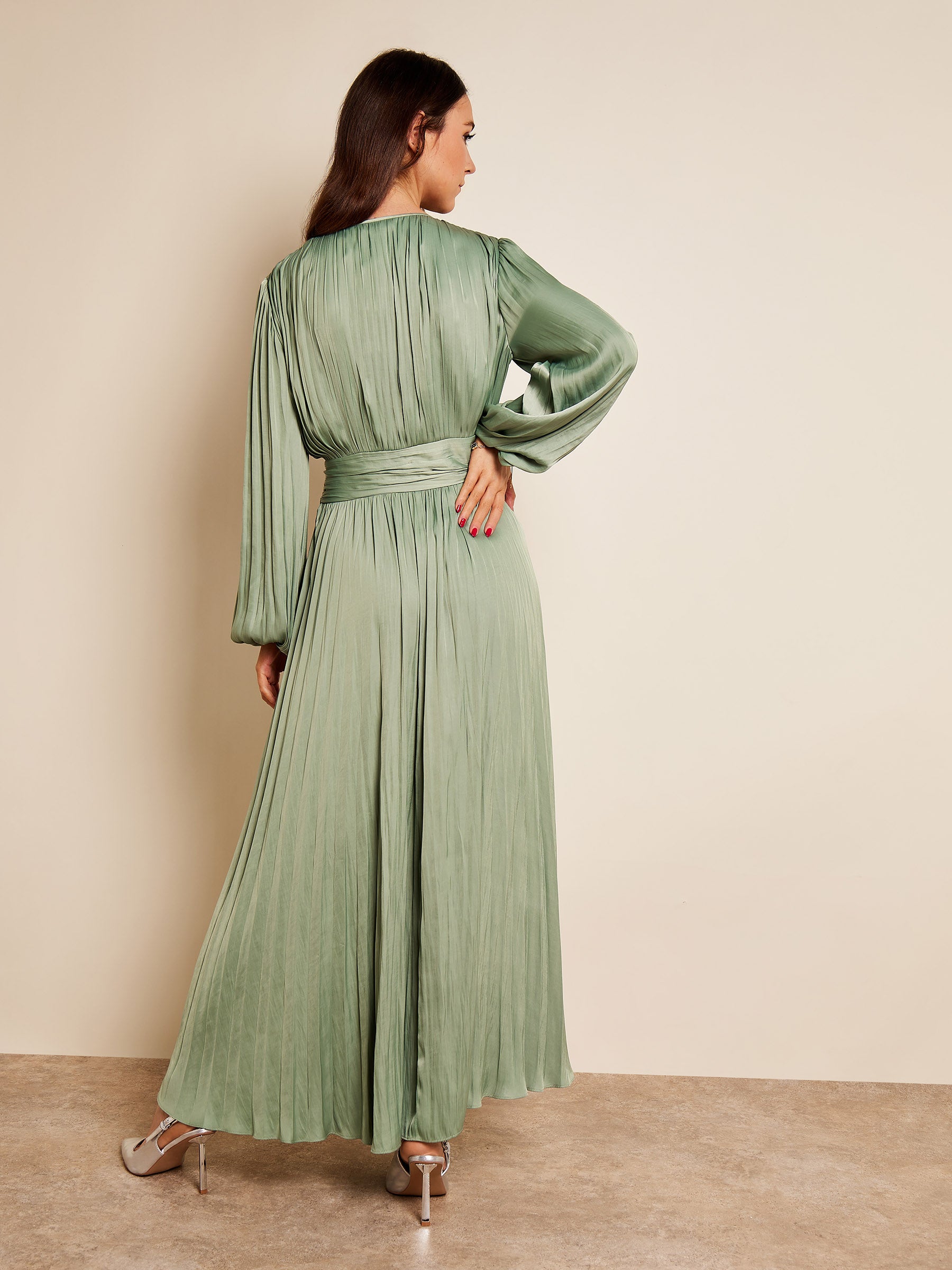 GWD Wilma Pleated Satin V-Neck Sage Maxi Dress