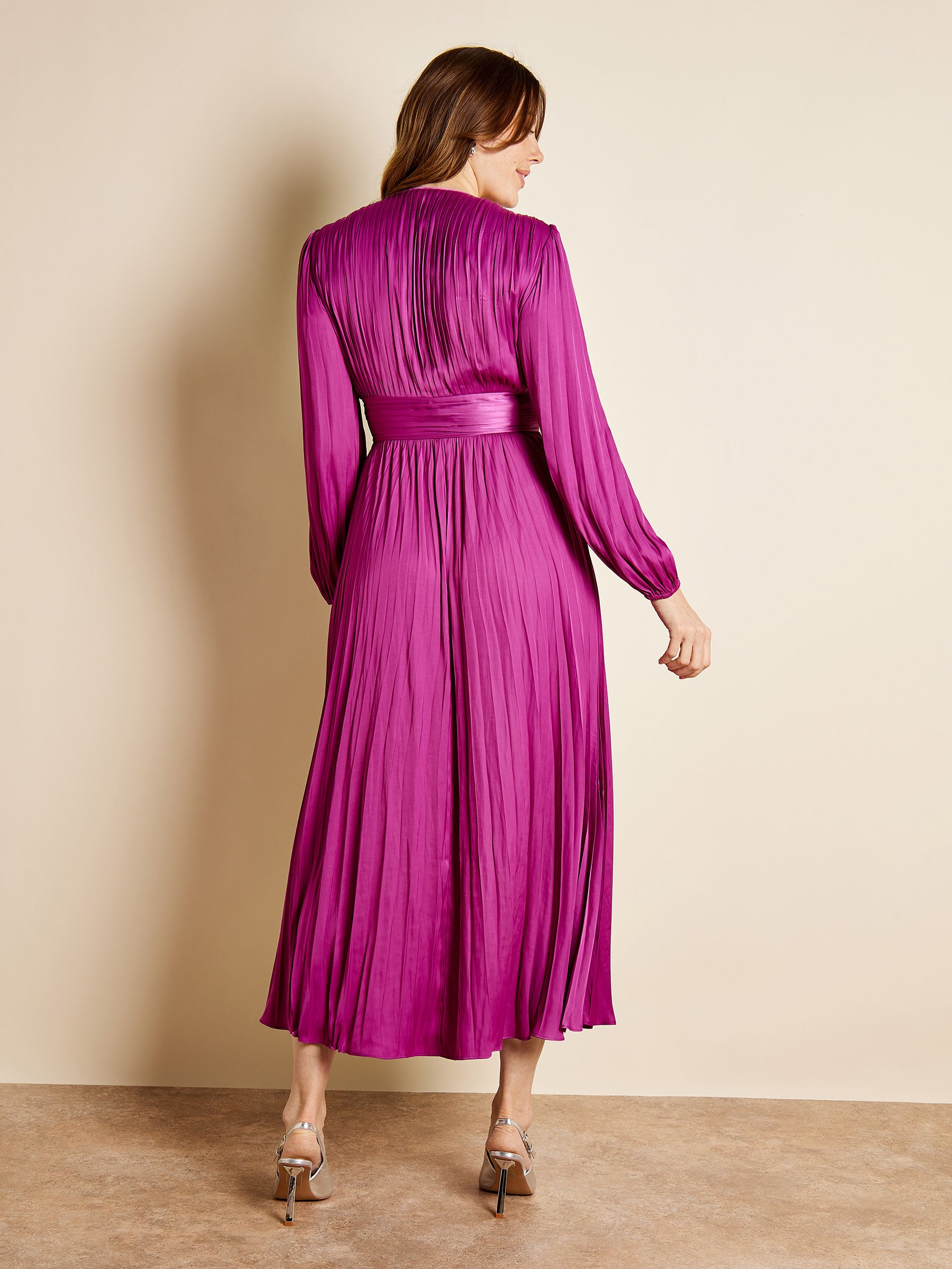 GWD Wilma Pleated Satin V-Neck Purple Maxi Dress