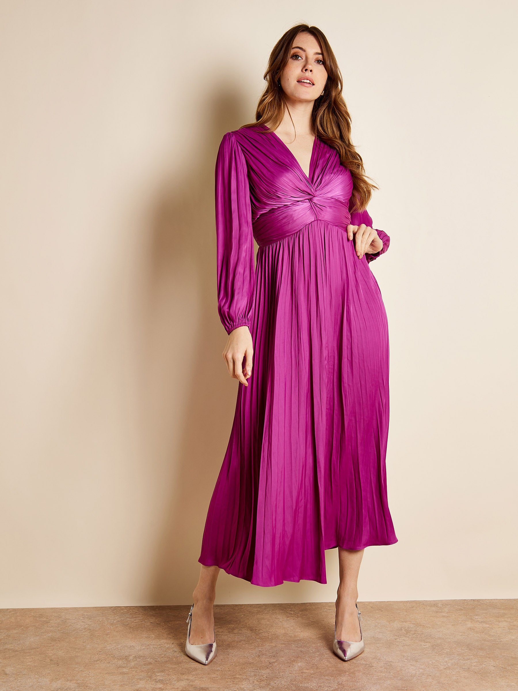 GWD Wilma Pleated Satin V-Neck Purple Maxi Dress