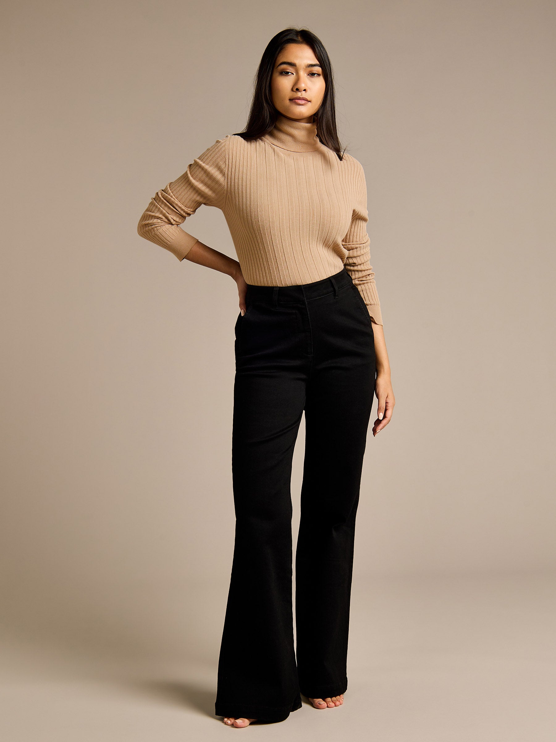 Lizzie Turtle Neck Fine Knit Jumper & Betty Black Flared Denim Jean Outfit | GWD Clothing