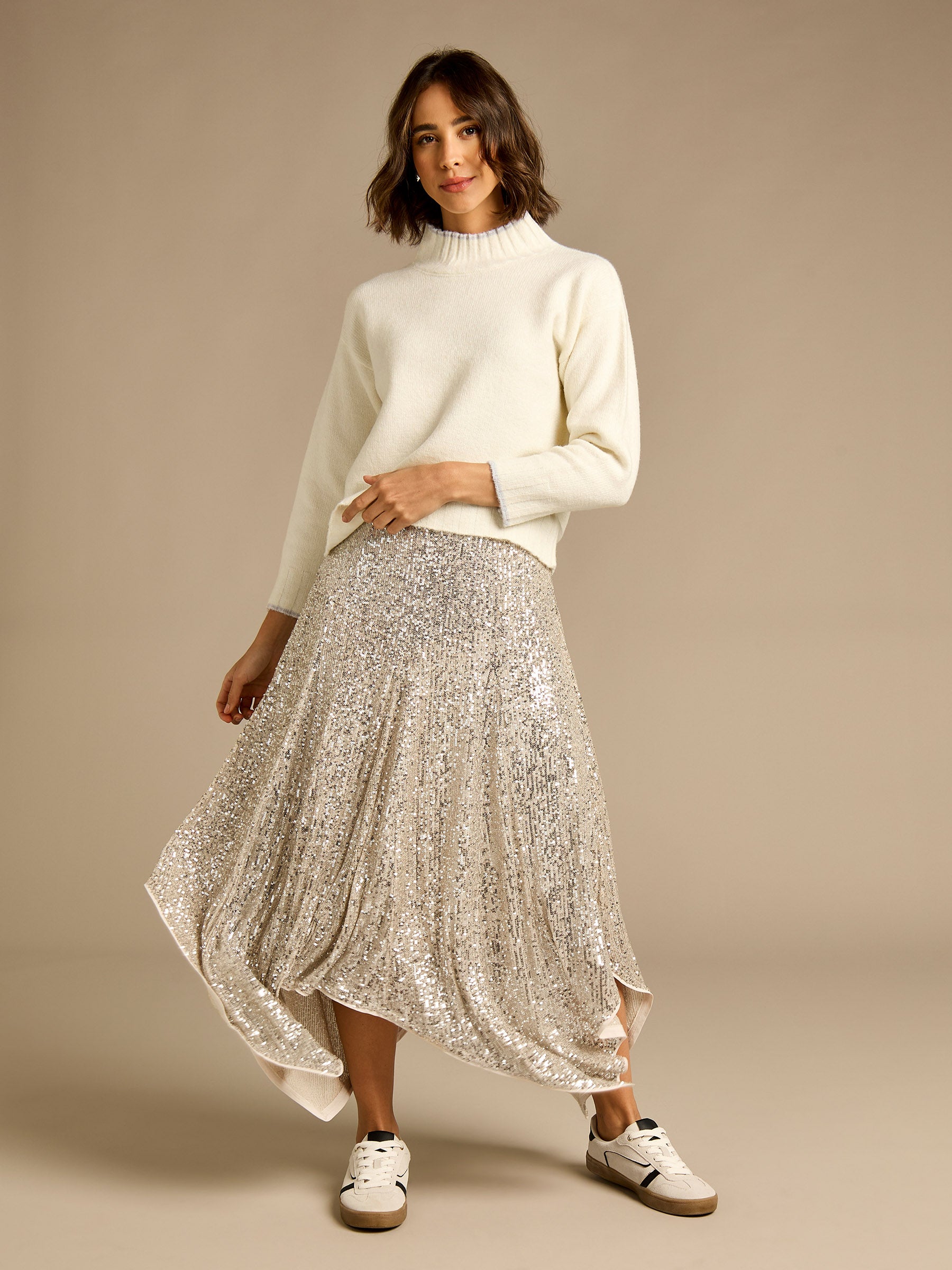 GWD Jenna Silver Sequin Hanky Hem Skirt