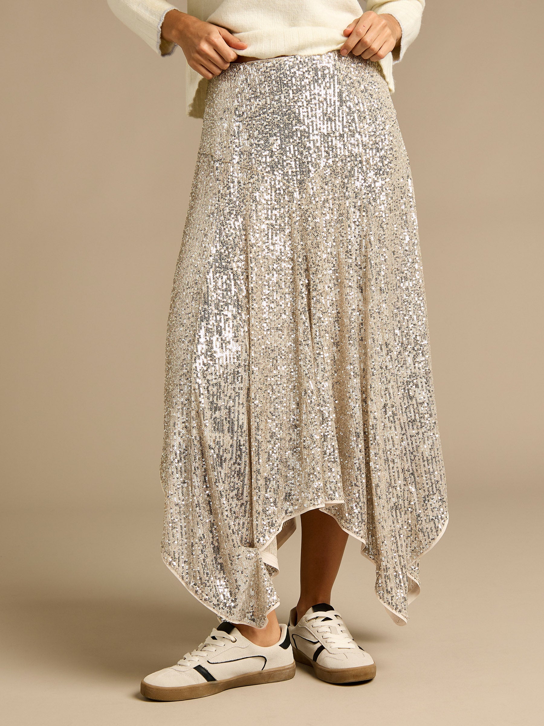 GWD Jenna Silver Sequin Hanky Hem Skirt