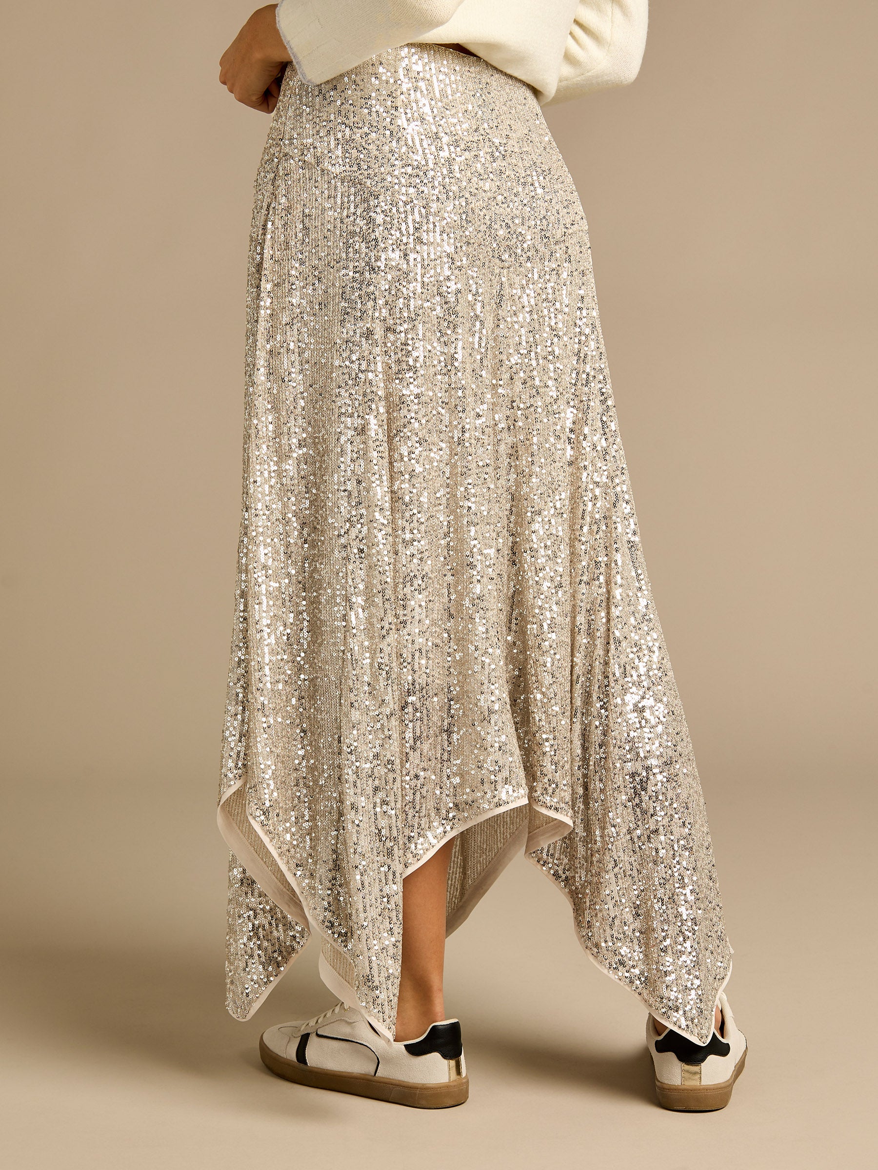 GWD Jenna Silver Sequin Hanky Hem Skirt