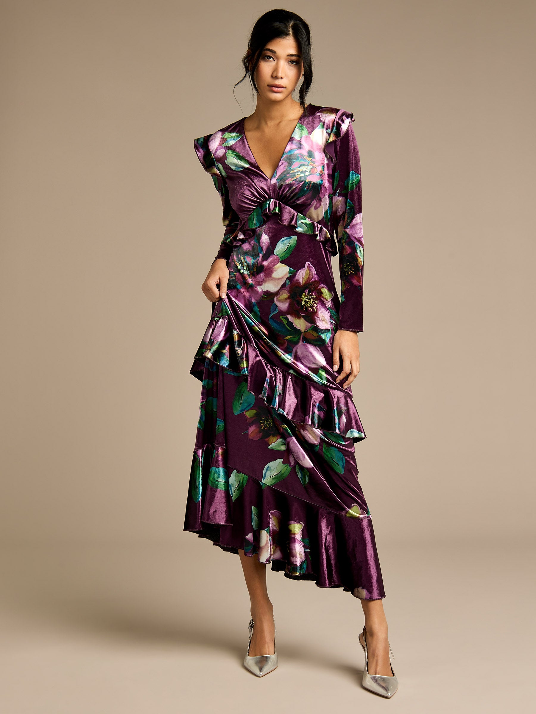 GWD Odette Purple Floral Velvet Maxi Dress