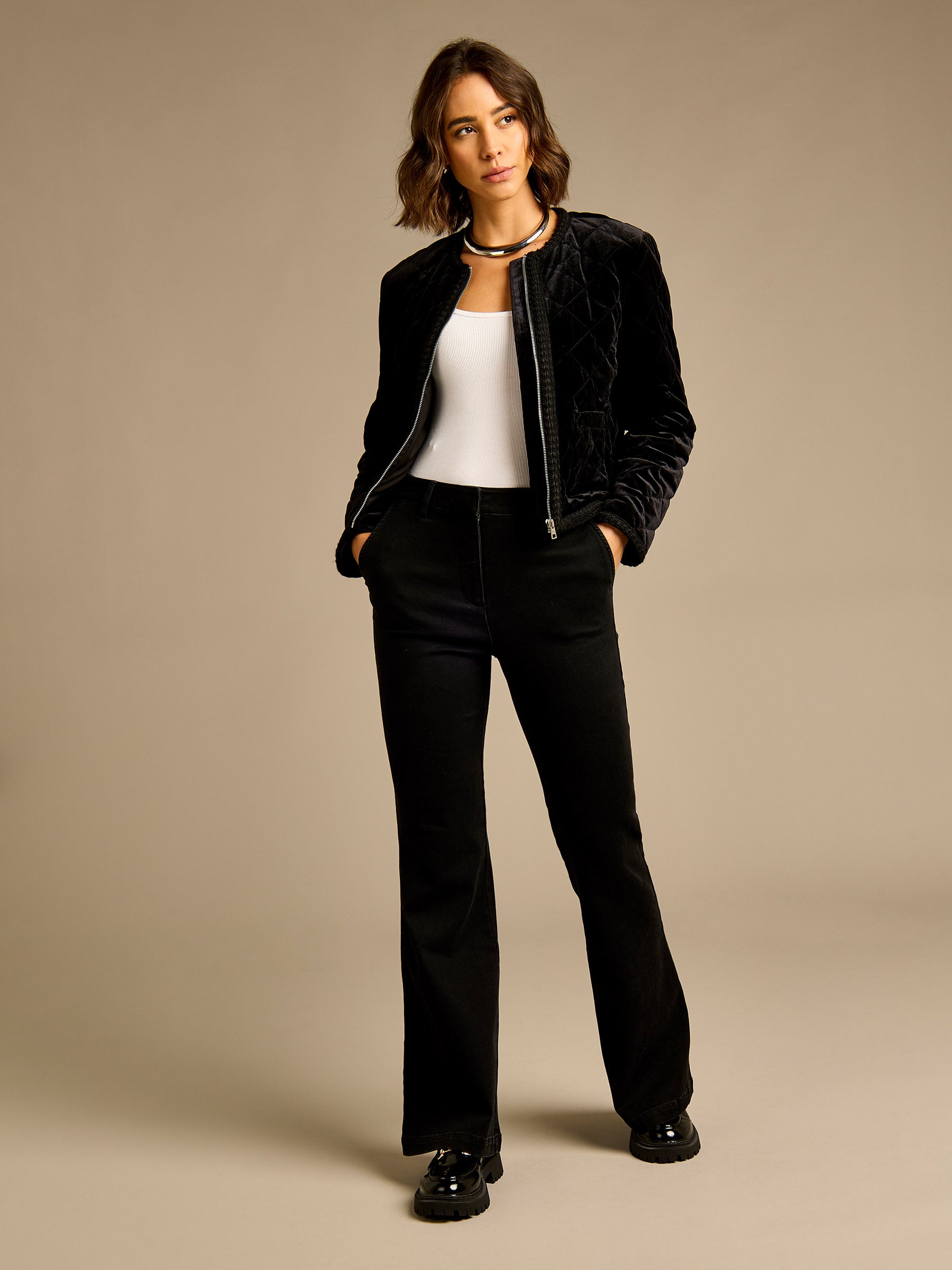 Ella Quilted Velvet Bomber – Black