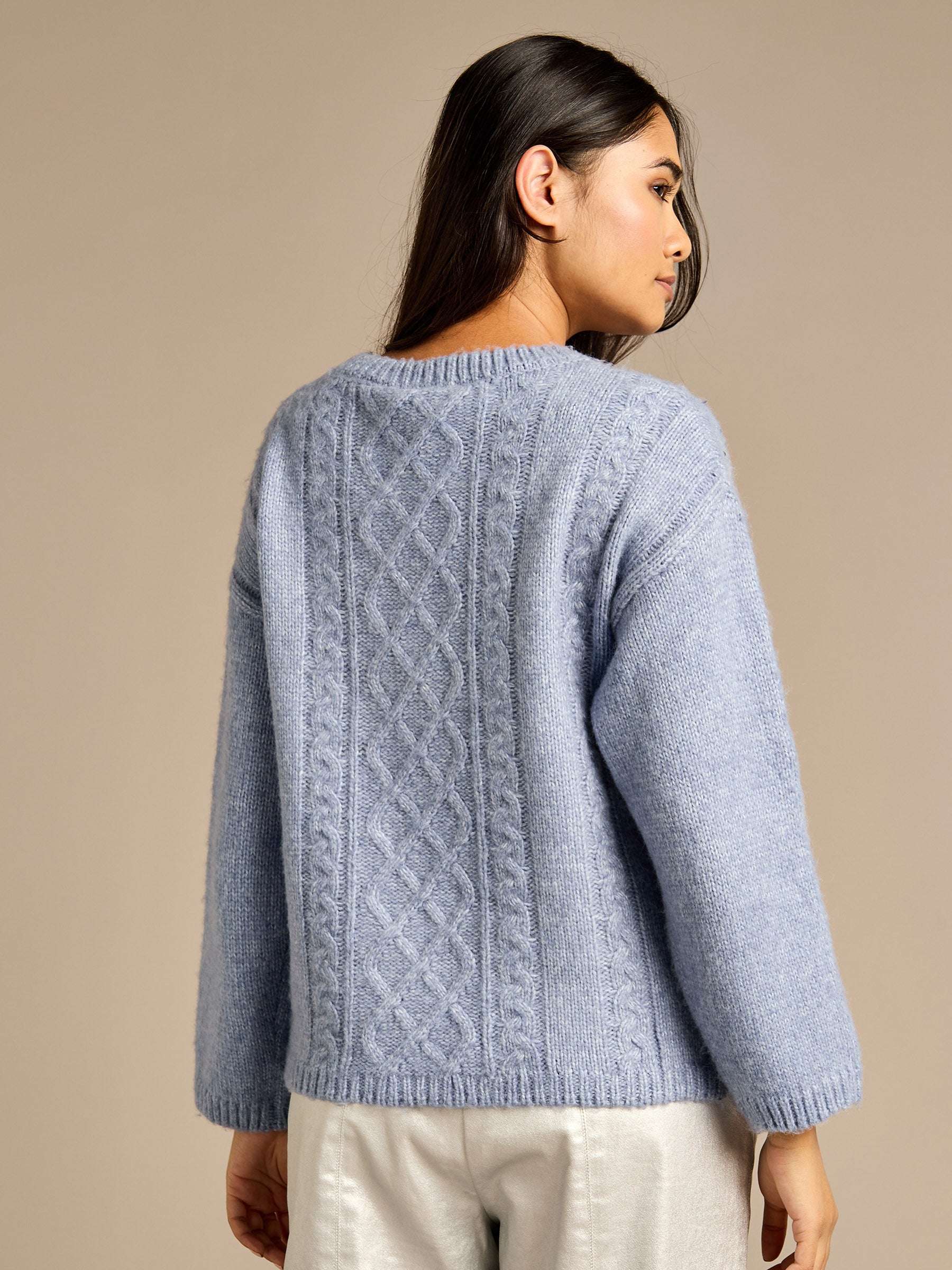 GWD Jerica Blue Wool Cable Knit Diamanté Jumper