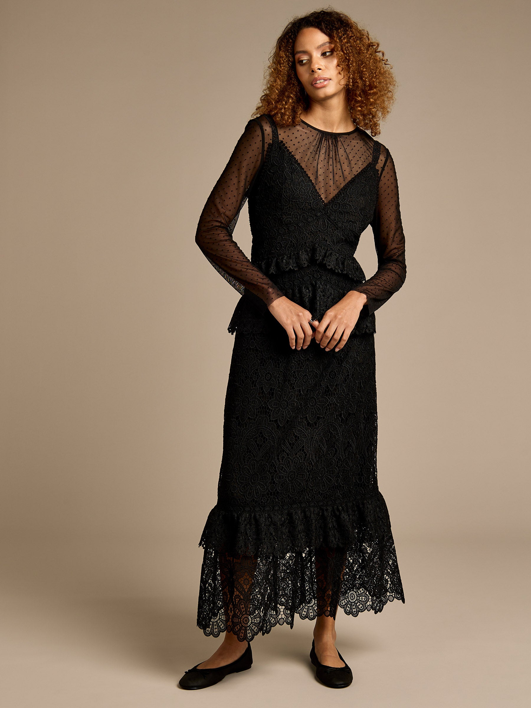 GWD Cowley Black Lace and Dobby Mesh Maxi Dress