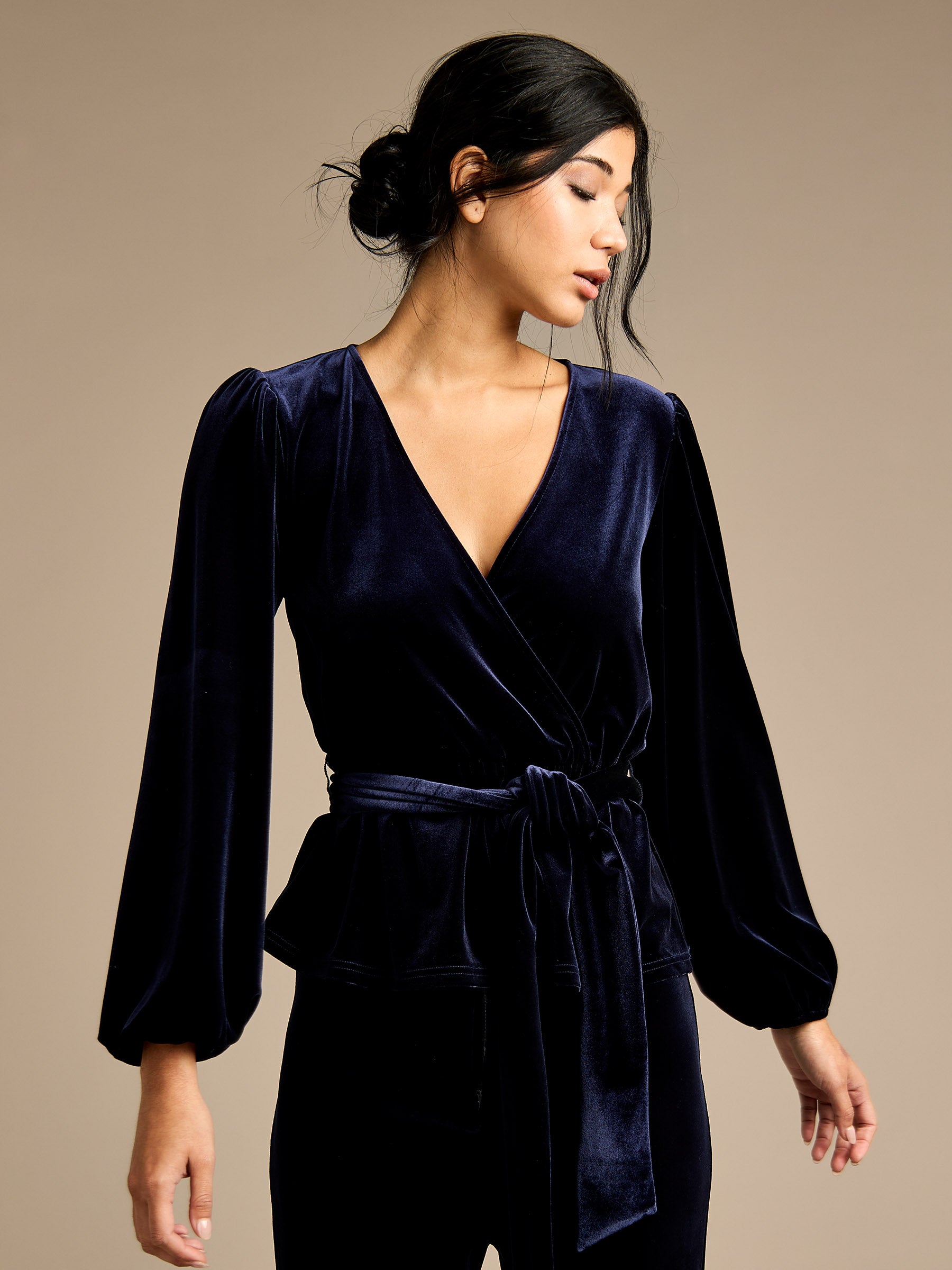 GWD Nori Navy Velvet Wrap Top