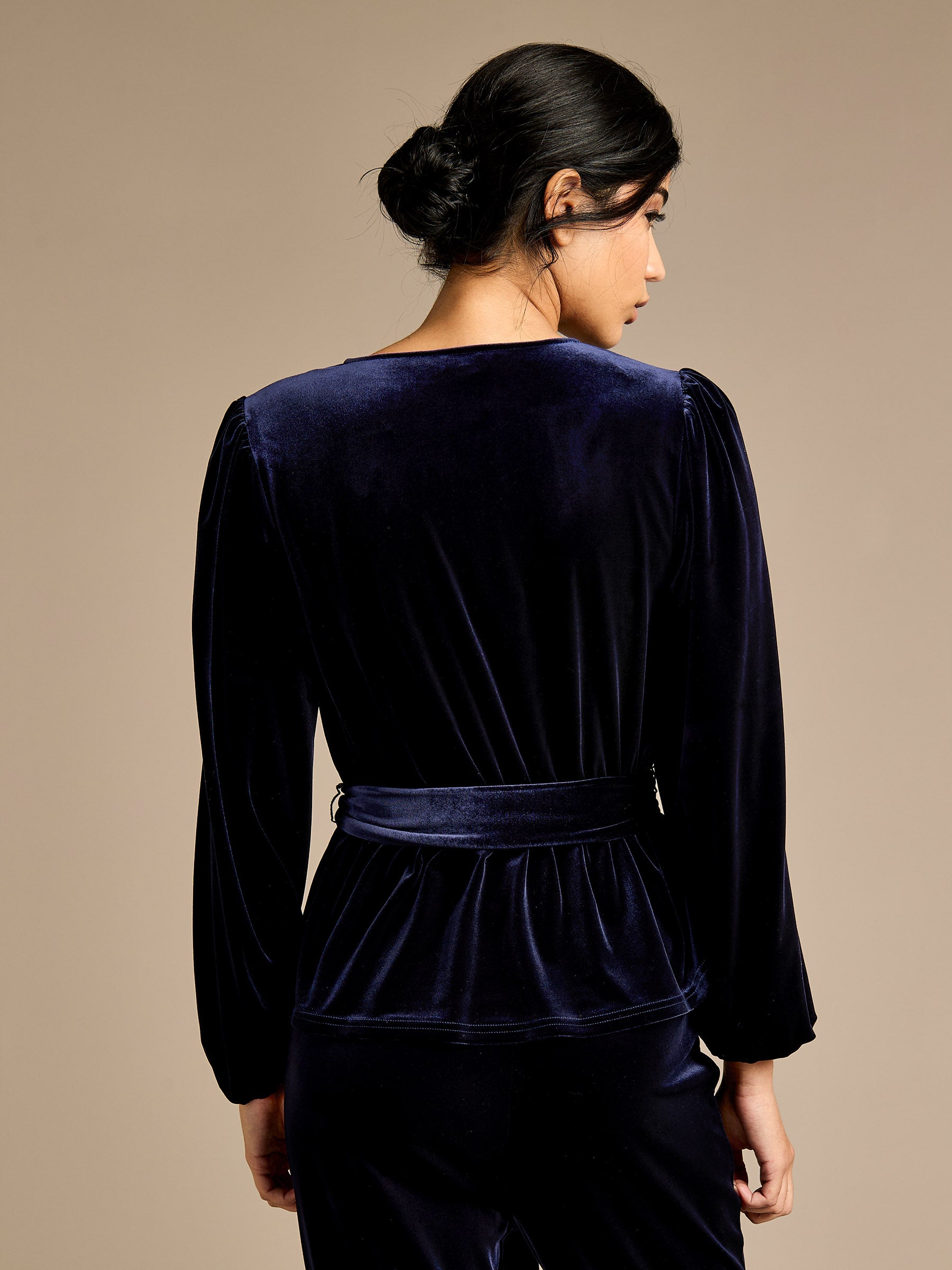 GWD Nori Navy Velvet Wrap Top