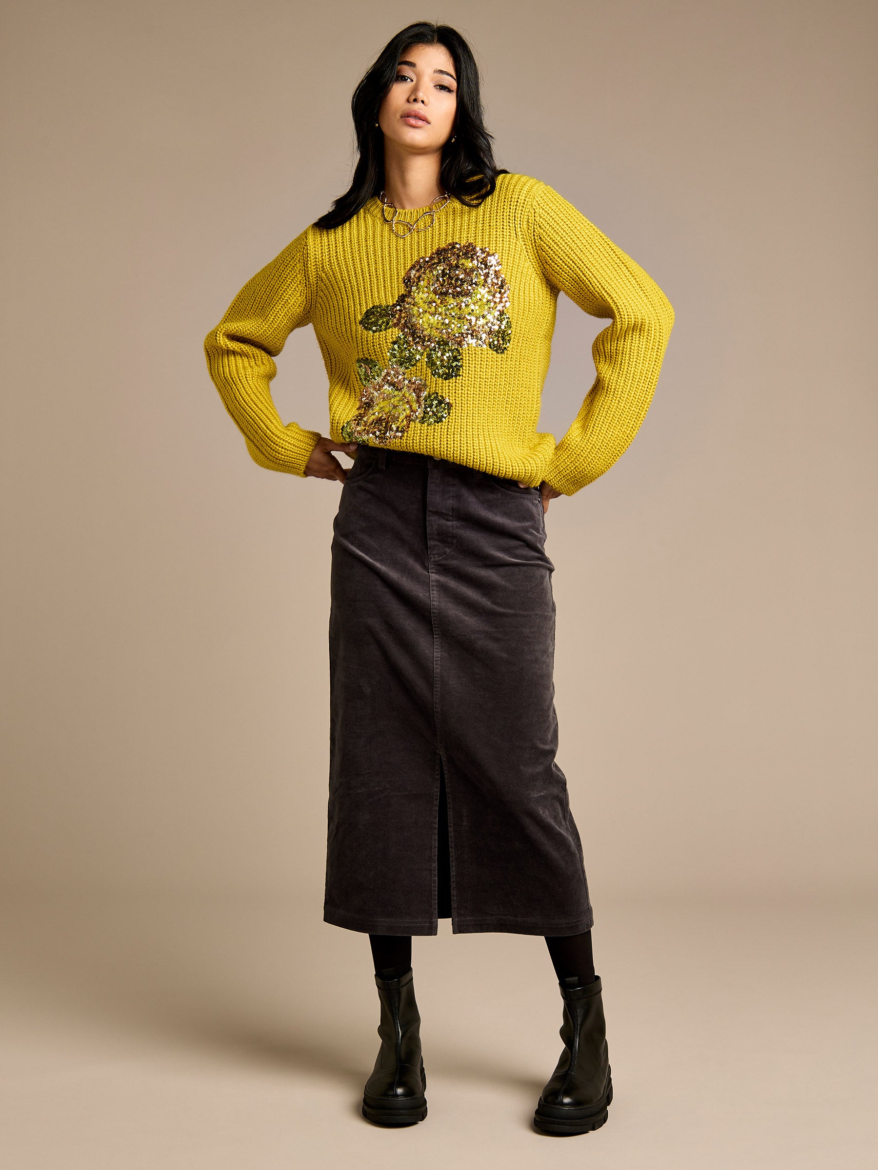 GWD Danica Charcoal Cord Midi Skirt