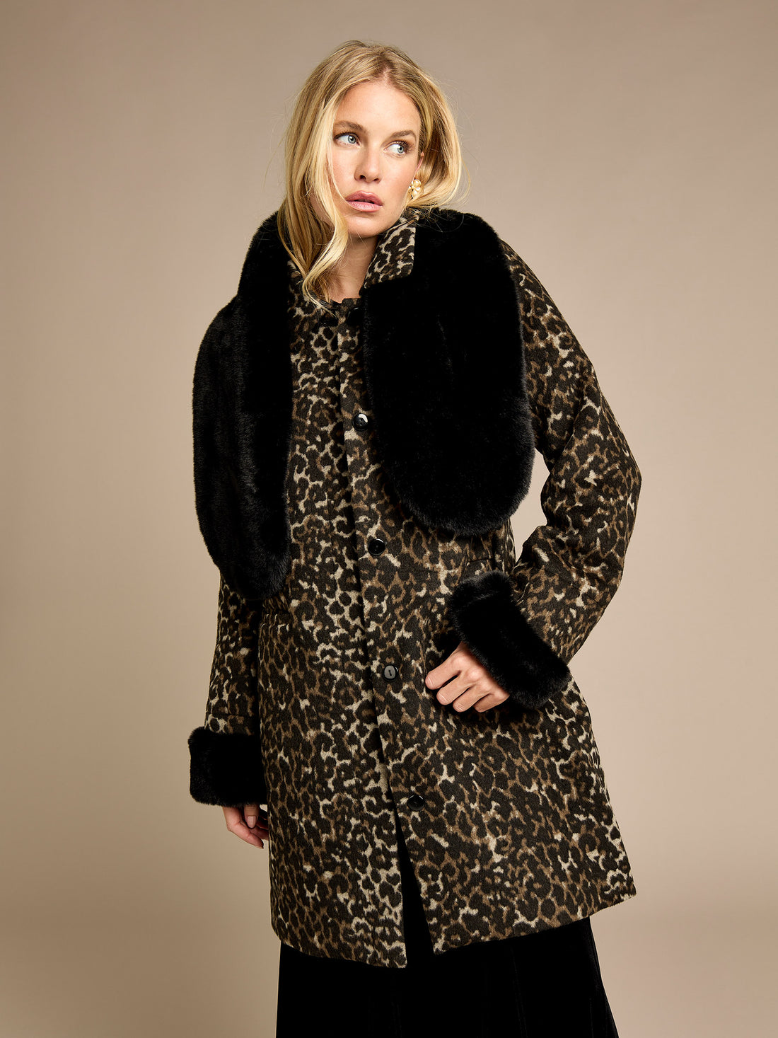GWD Megan Leopard Coat with Detachable Black Faux Fur Scarf and Cuffs
