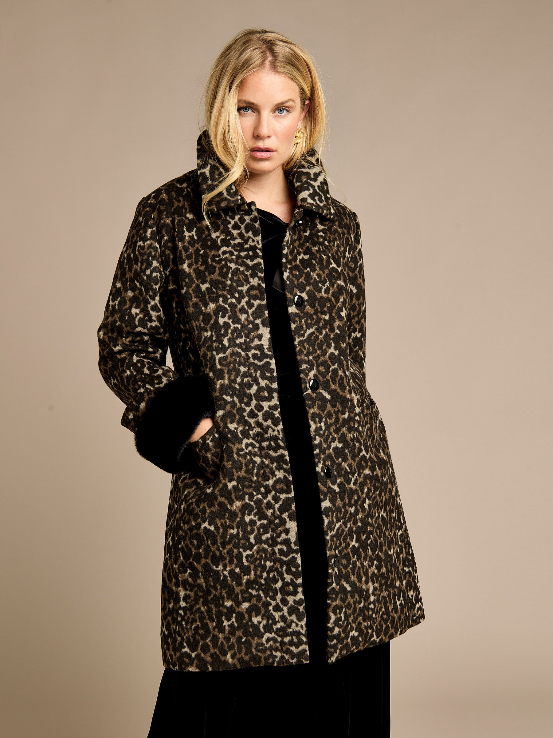 GWD Megan Leopard Coat with Detachable Black Faux Fur Scarf and Cuffs