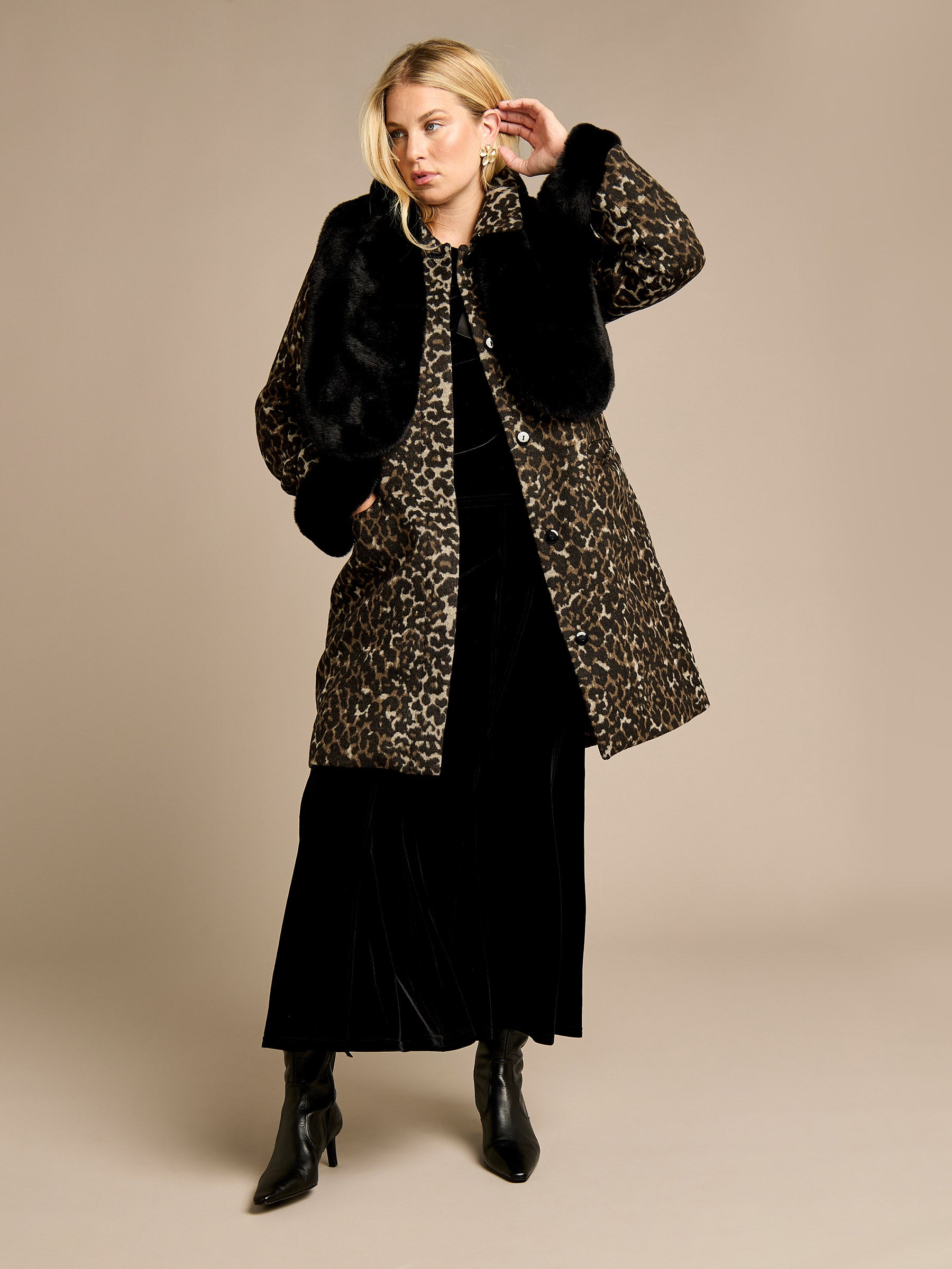 GWD Megan Leopard Coat with Detachable Black Faux Fur Scarf and Cuffs