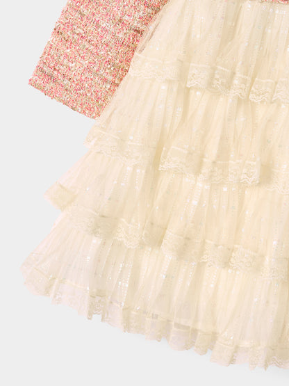 Celine Pink Boucle Mesh Tiered 2-in-1 Dress